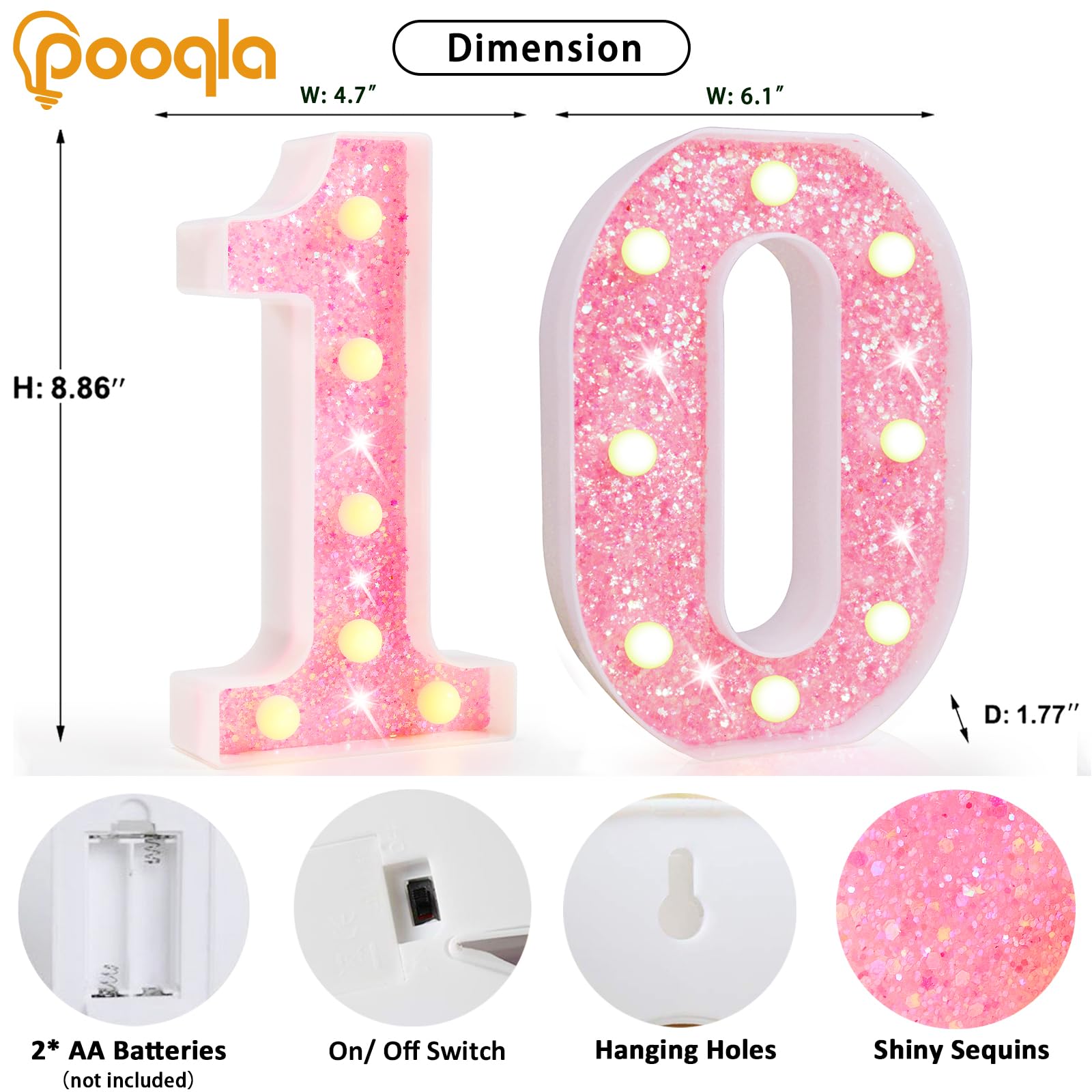 Pooqla Marquee Numbers Lights, Light Up Numbers Battery Powered, Glitter Lighted Numbers For Birthday Party, Shiny Led Numbers For Party For 10Th Birthday Anniversary Decoration, Pink Number 10