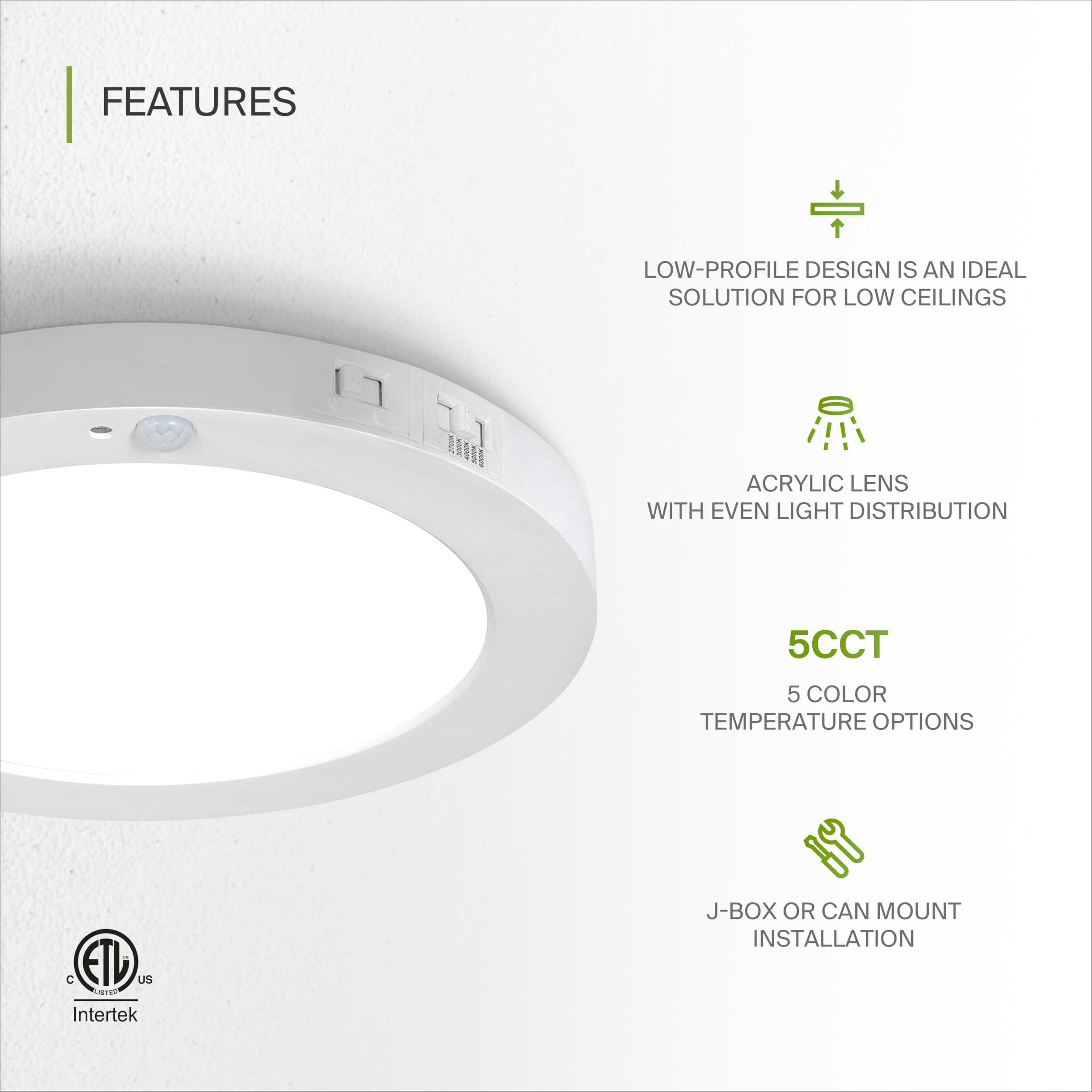 Asd Led 9 Inch Round Flush Mount Ceiling Light Fixture | 15W 1300Lm 2700-6000K 120V | 3Cct, Motion Sensor, Ultra Slim, Etl Liste