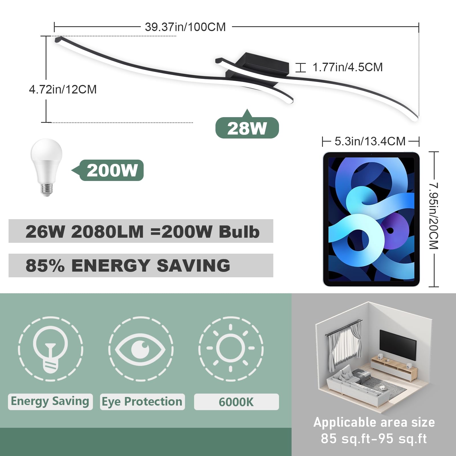 Hlilceh 28W Linear Ceiling Light Black Modern Led Ceiling Light Fixture 6000K Aluminum 39.37Inch Long Ceiling Lamp For Hallway,