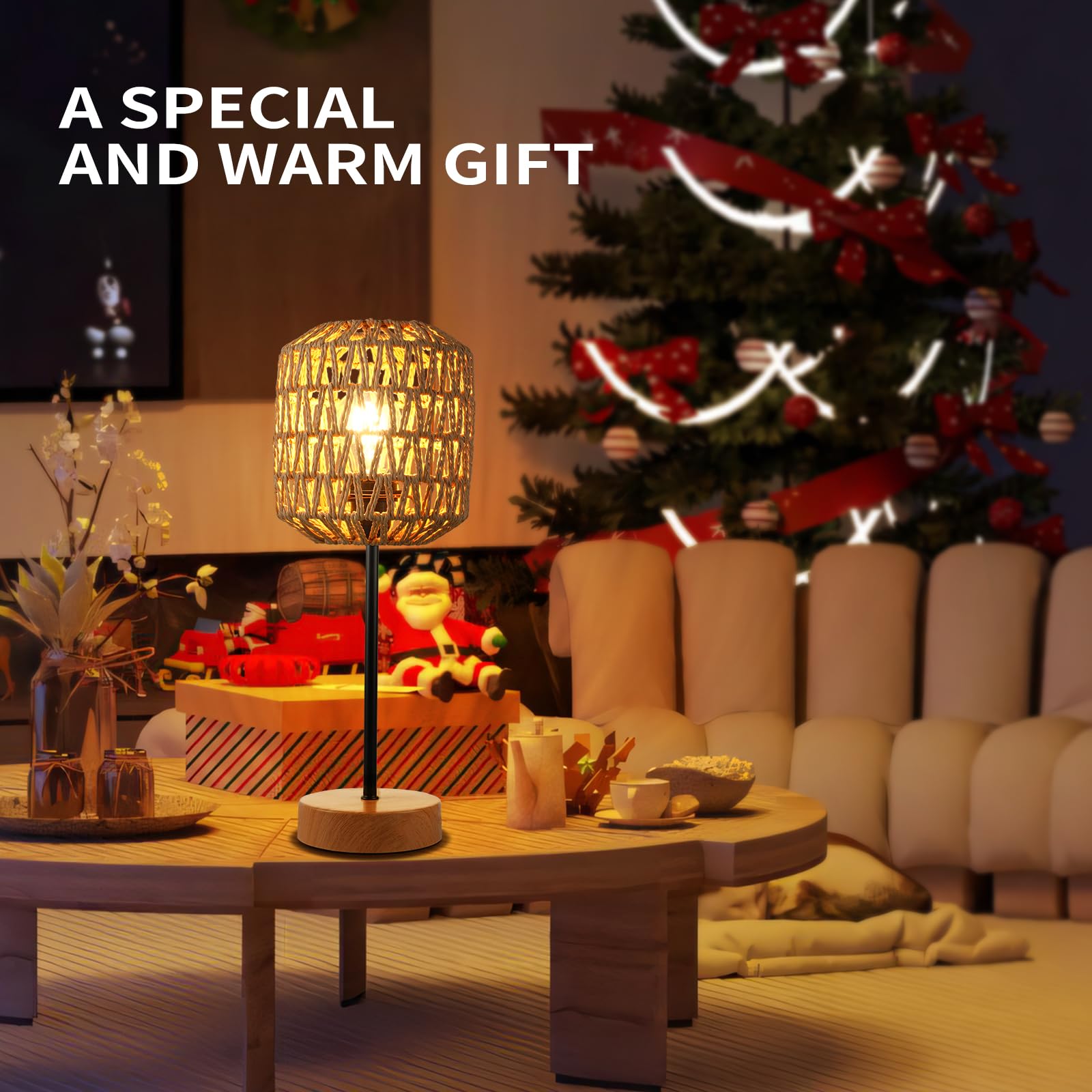 HYMELA Boho Rattan Table Lamp with Touch Control, Dimmable, USB Port, 17 inch Khaki Base, Multicolor, Bulb Included