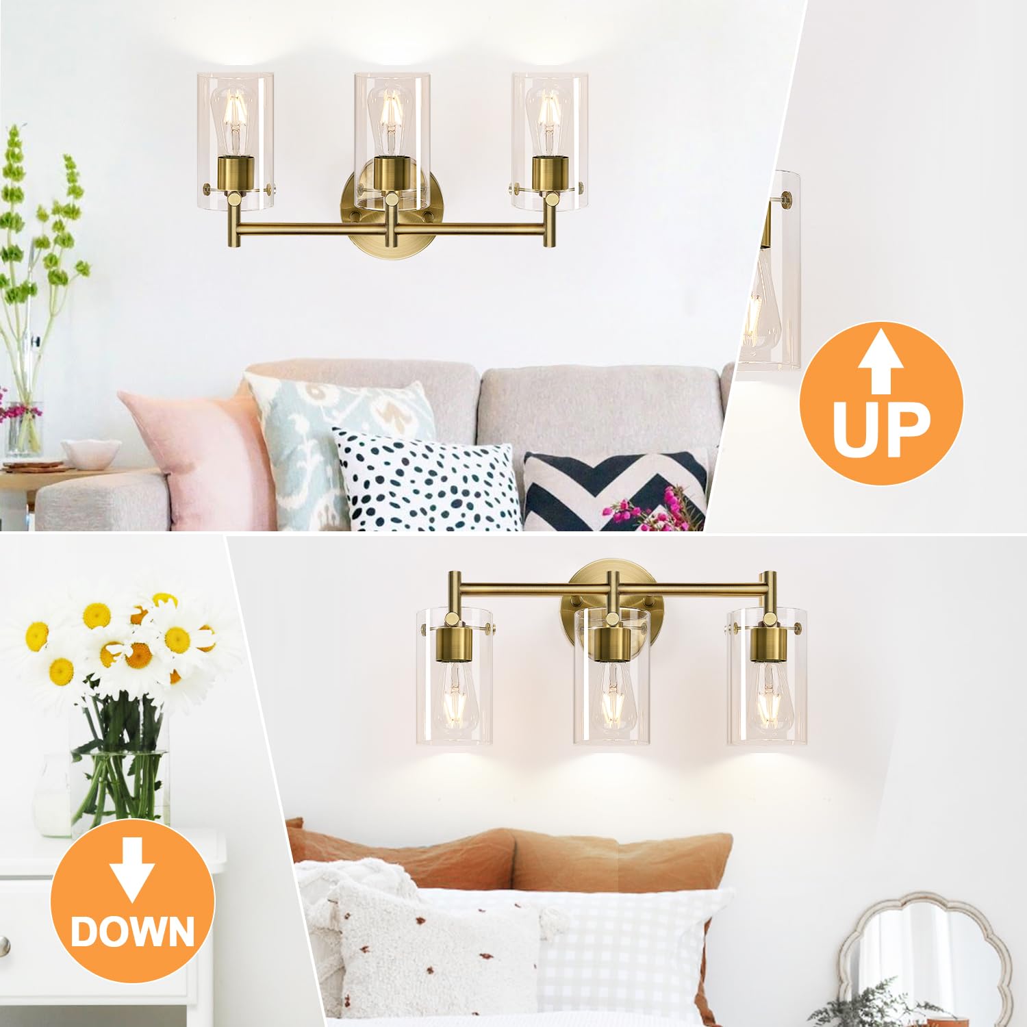 Indoi Bathroom Light Fixtures 2024 Upgrade, 3-Light Brass Vanity Light, Black Bathroom Lights Over Mirror With Clear Glass Shade