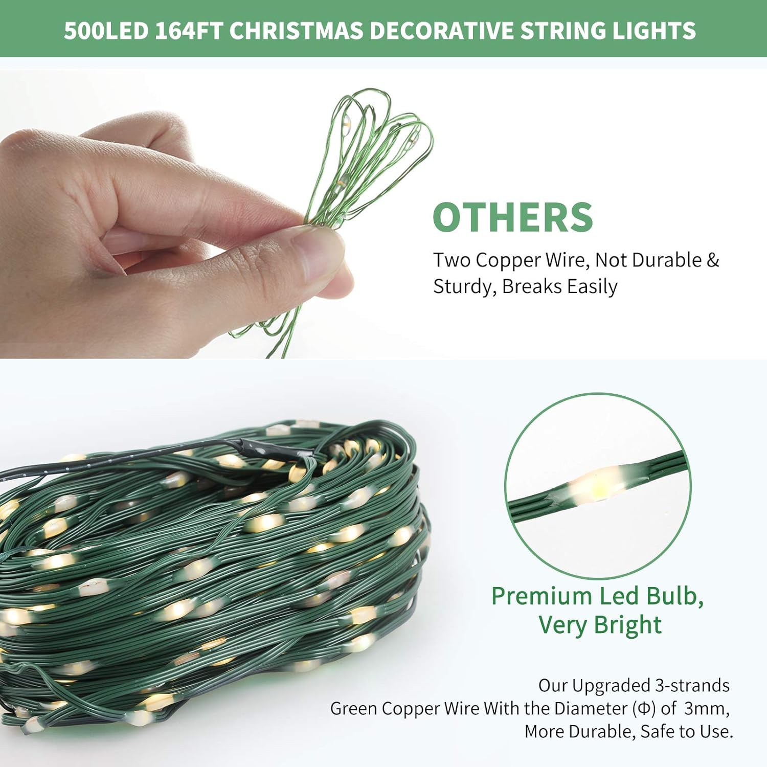 Tcamp Christmas Lights - 164ft 500 LED White String Lights, 8 Modes, Timer, Green Wire, Model QL300AE