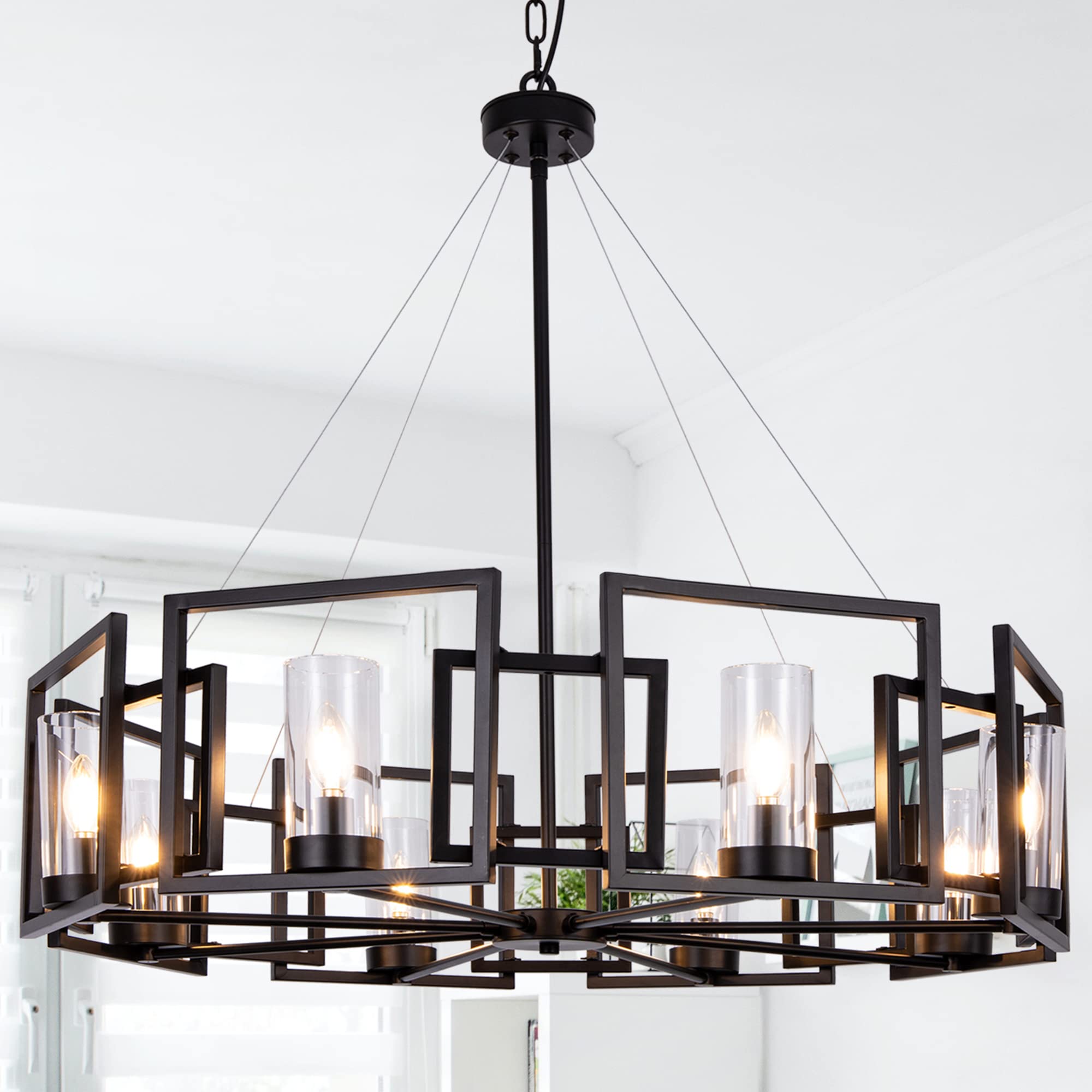 Tochic Black Farmhouse Chandelier 36", 8-Light Wagon Wheel Chandeliers For Dining Room, Modern Industrial Drum Pendant Light Fixture With Clear Glass For Living Room, Bedroom, Kitchen, Foyer, Hallway