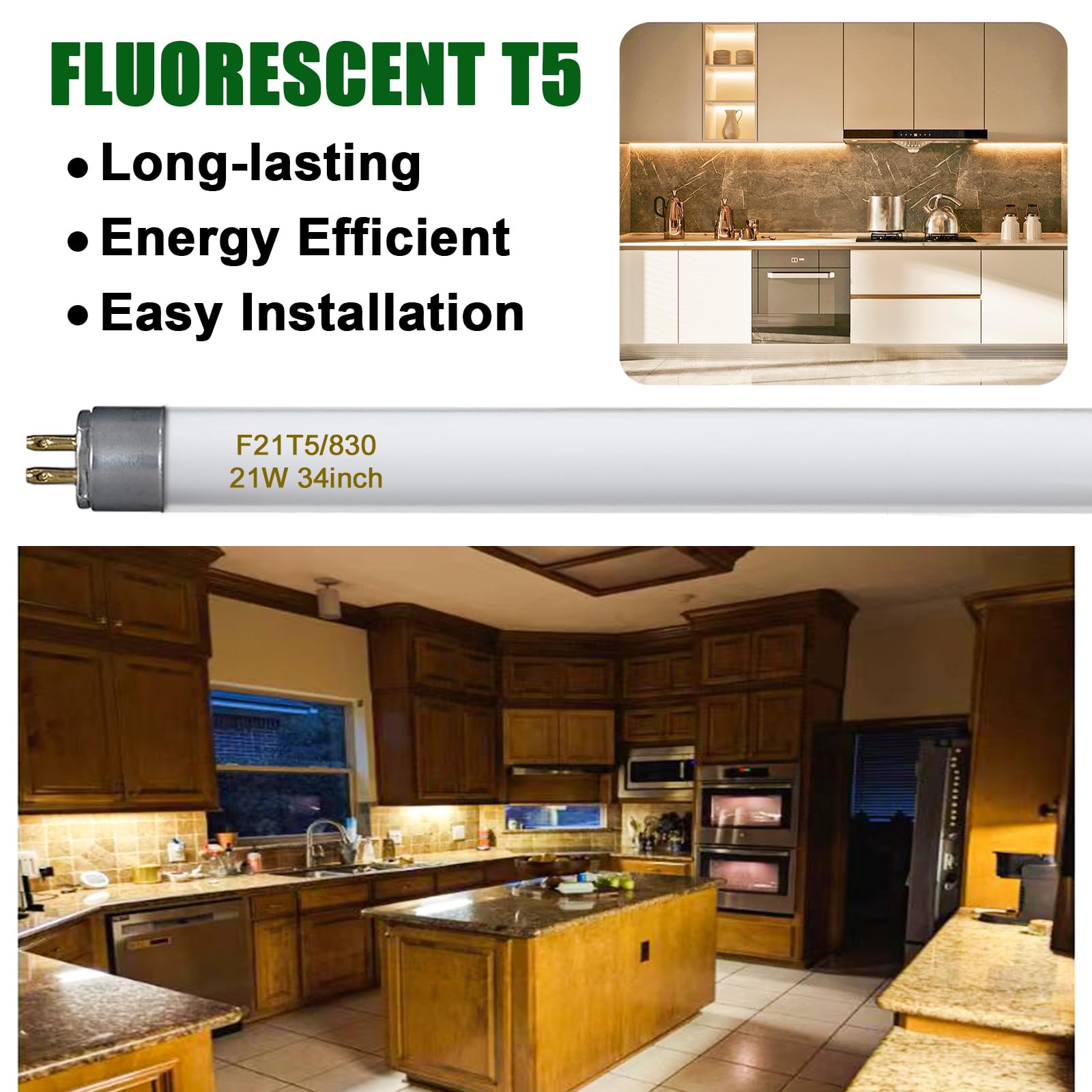 Konideke T5 Fluorescent Light Bulb 21W 34 Inches 3000K Warm White Mini Bi-Pin Base, 6 Pack