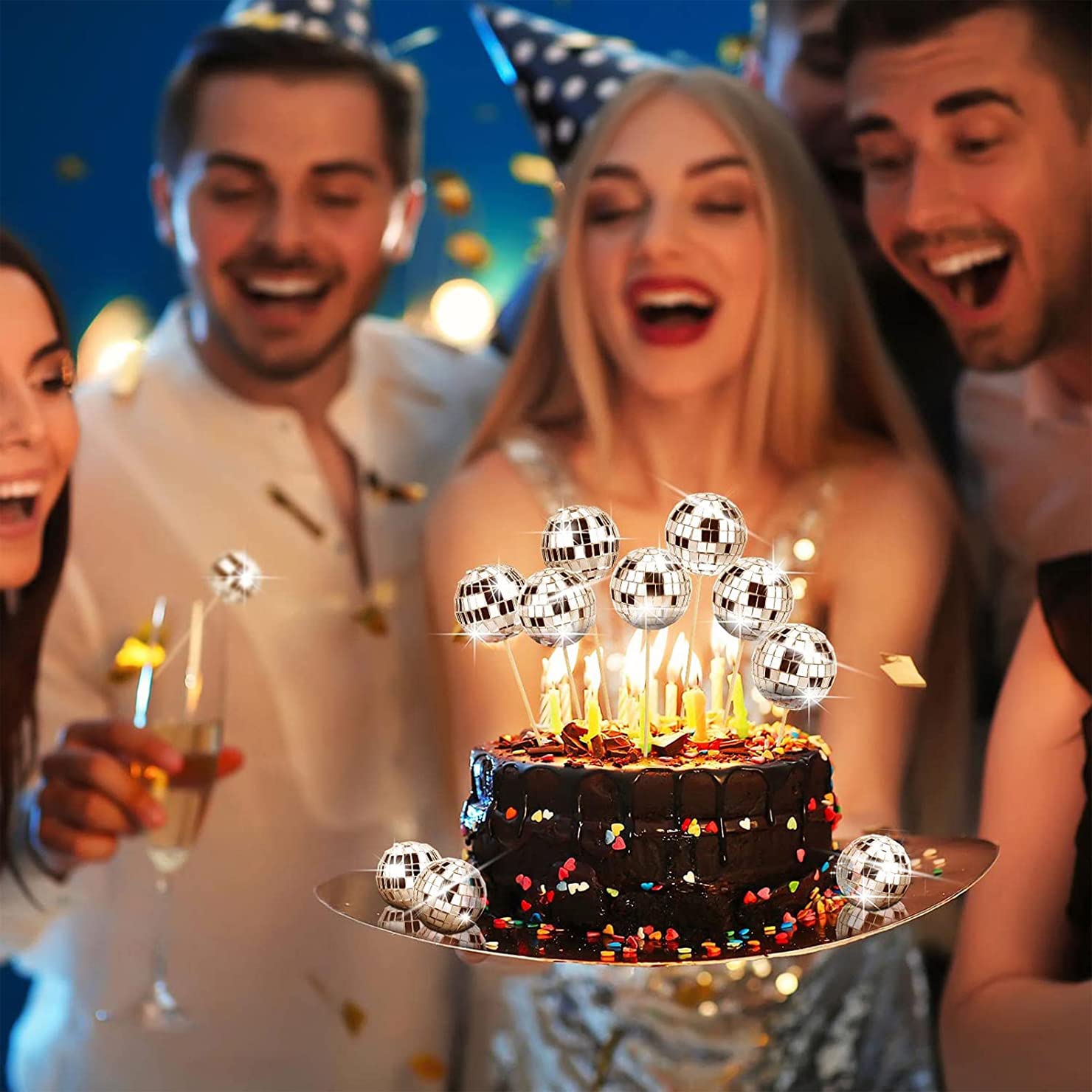 24 Pcs Disco Ball Cupcake Toppers, Disco Ball Cupcake Picks, Disco Ball Cake Toppers Disco Theme Cake Decorations for Disco Them