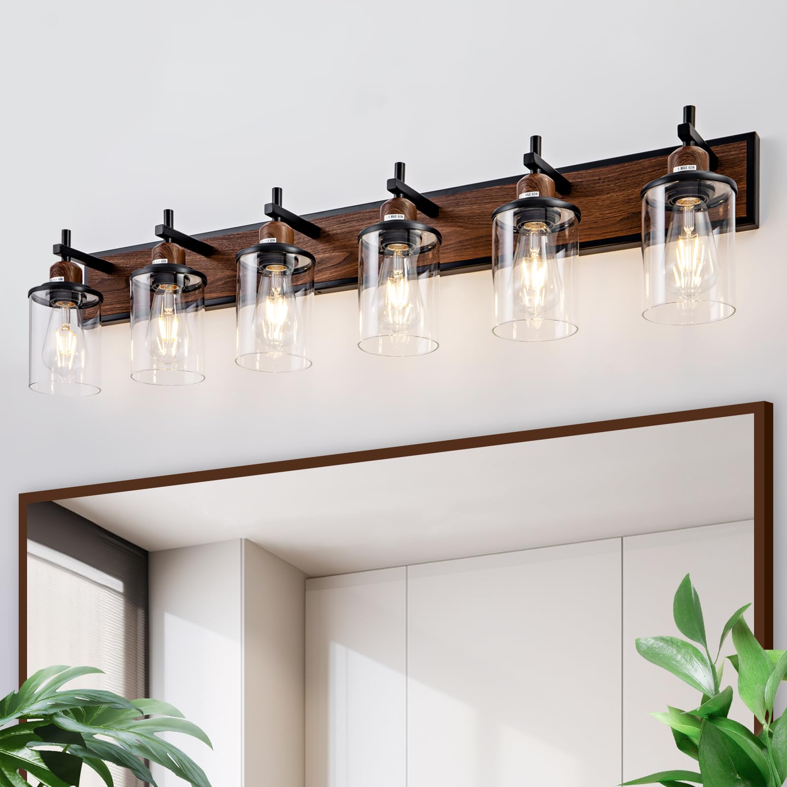 Lanhall 6-Light Farmhouse Bathroom Light Fixtures Vintage Bathroom Vanity Lights Over Mirror Black And Wood Painted Metal Vanity