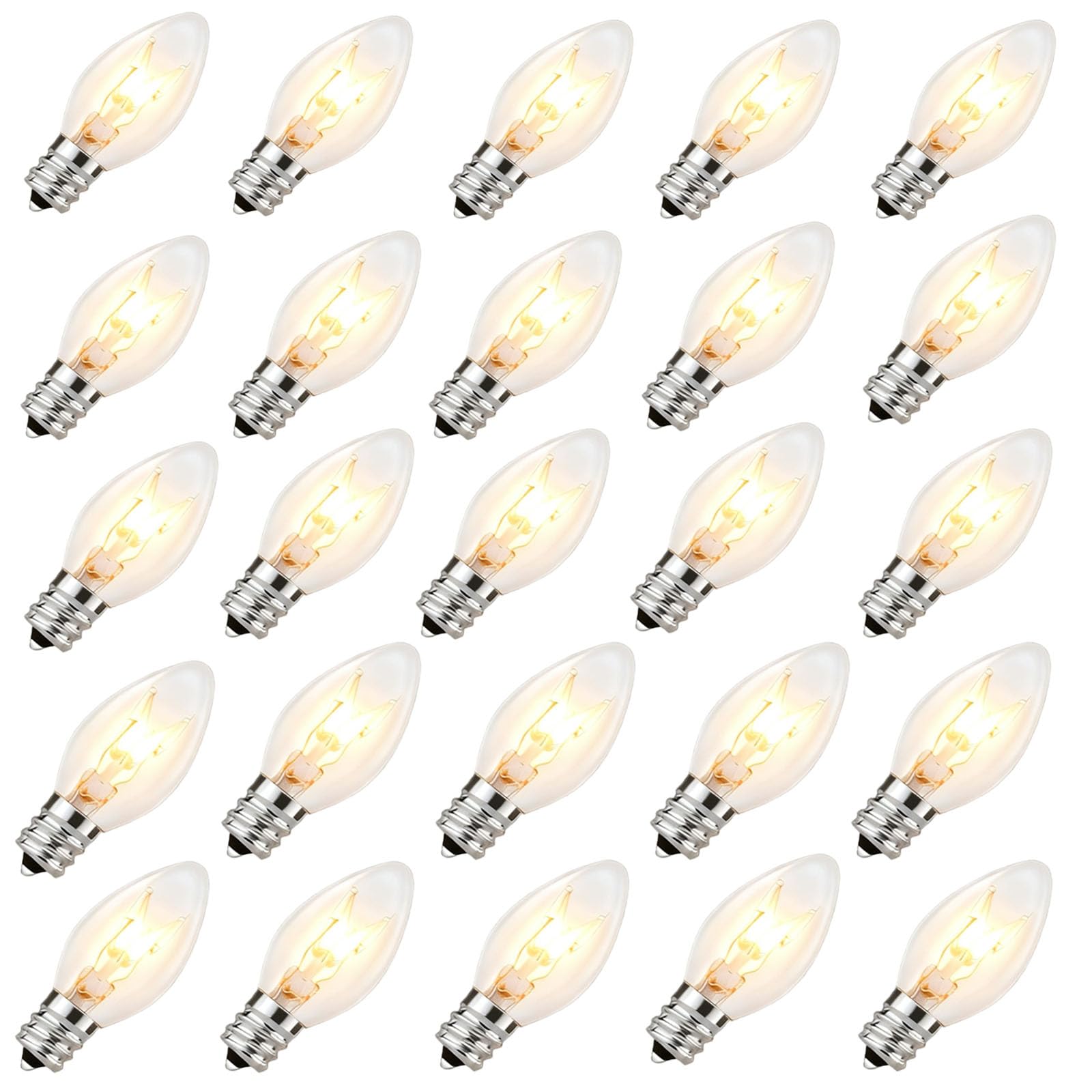Oviejo 25 Pack C7 Clear Replacement Bulbs  C7 Christmas Light Bulbs for Indoor Outdoor Christmas String Lights  C7/E12 Candelabra Base Night Light Bulbs  5 Watt Clear Light
