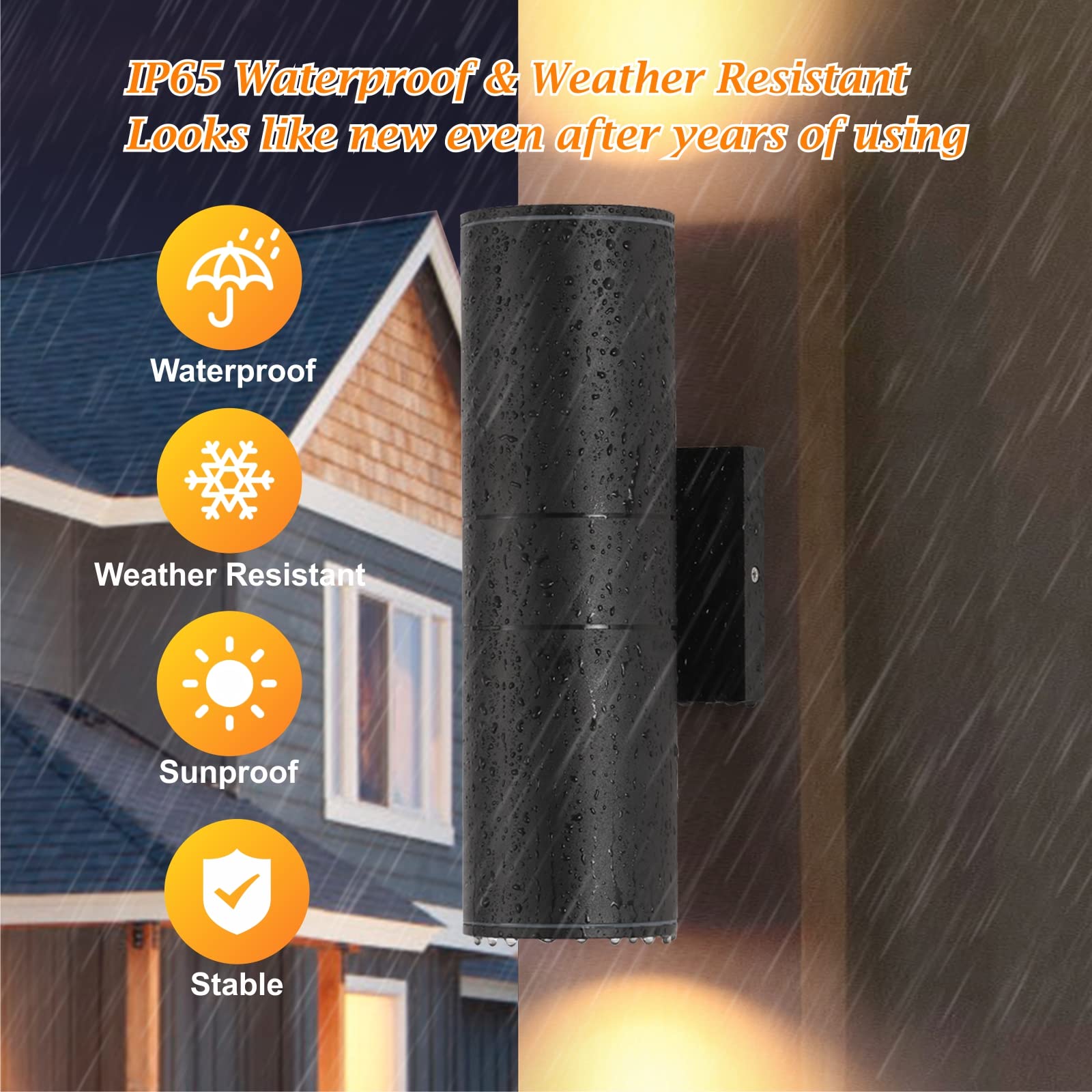 DAKAFUL Outdoor Wall Lights 2-Pack, 12W Integrated LED Cylinder, Waterproof, Black Aluminum for Porch & Patio