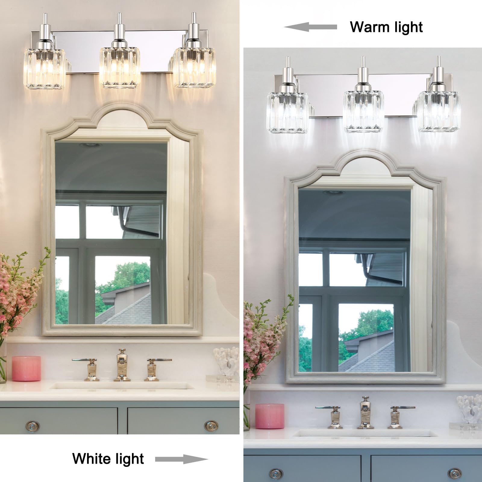 HUOKU Modern Crystal Bathroom Vanity Light 3-Light Wall Sconce Chrome Metal Square Shade
