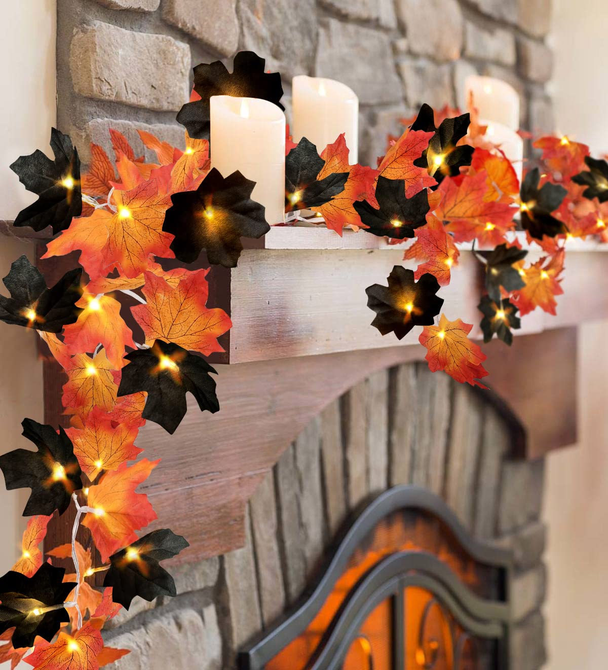 50 Led 16.4Ft Halloween Decorations Fall Garland String Lights With Timer And Remote, Lighted Black Maple Leaves Garlands Decor With Banner, Battery Operated Fall Lights For Home Party Indoor Mantle