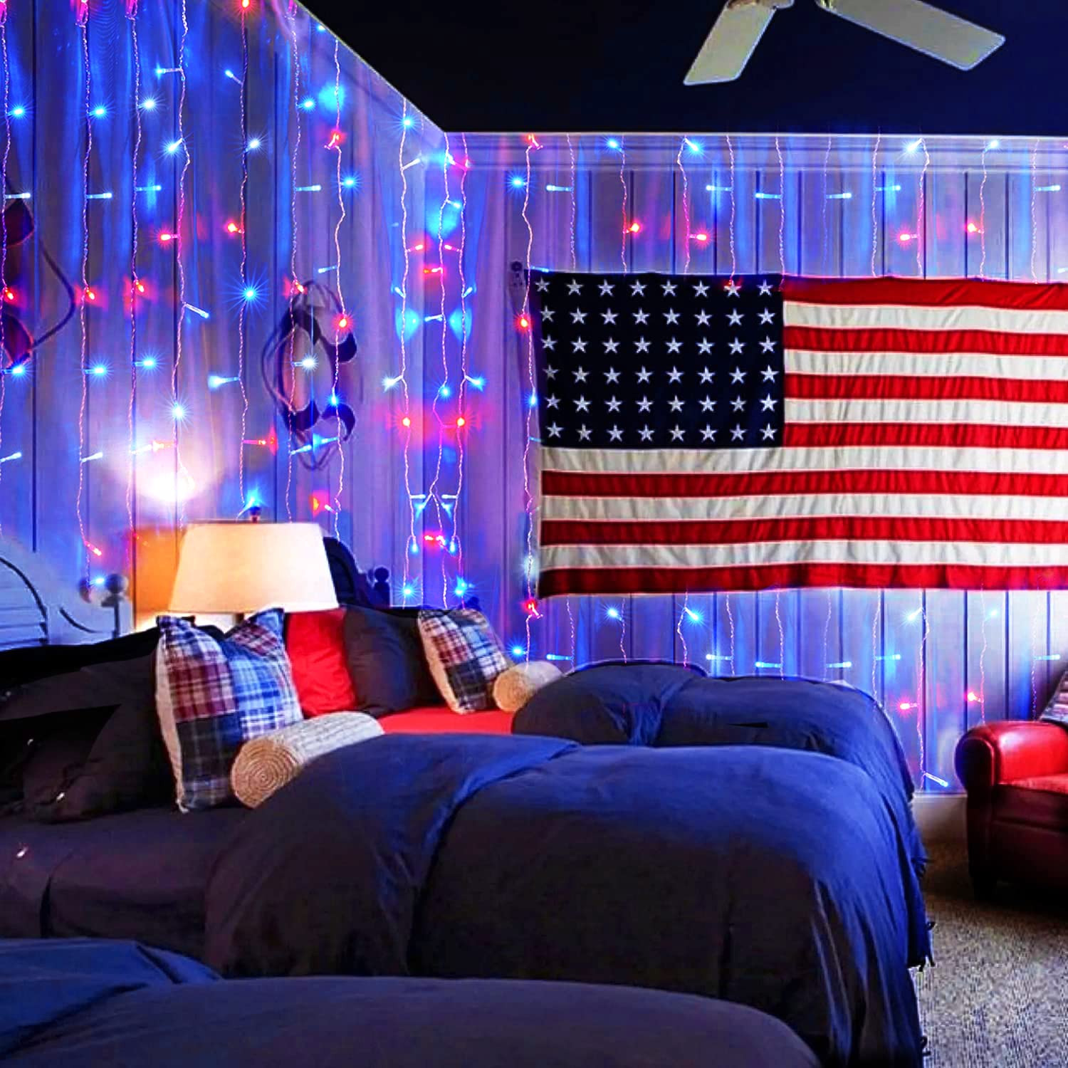 Jmexsuss 100 Led 4Th Of July Decoration, 33Ft Red White And Blue Lights Plug-In, 8 Modes Patriotic 4Th Of July Lights For Indoor