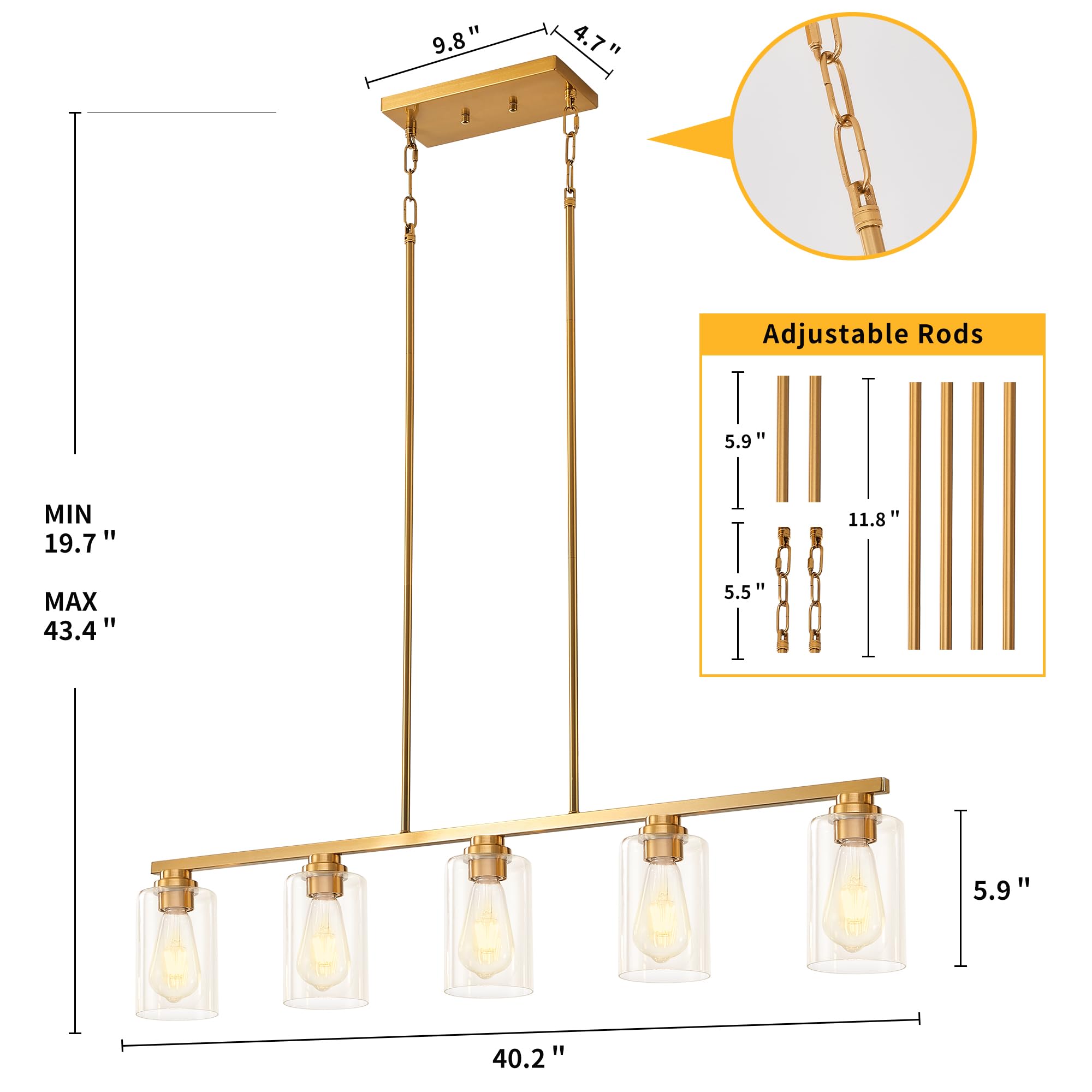 Mecgirn 4-Light Linear Chandelier Pendant - Brushed Gold Metal Light Fixture for Kitchen Island & Dining Room, Model D0017-4-G