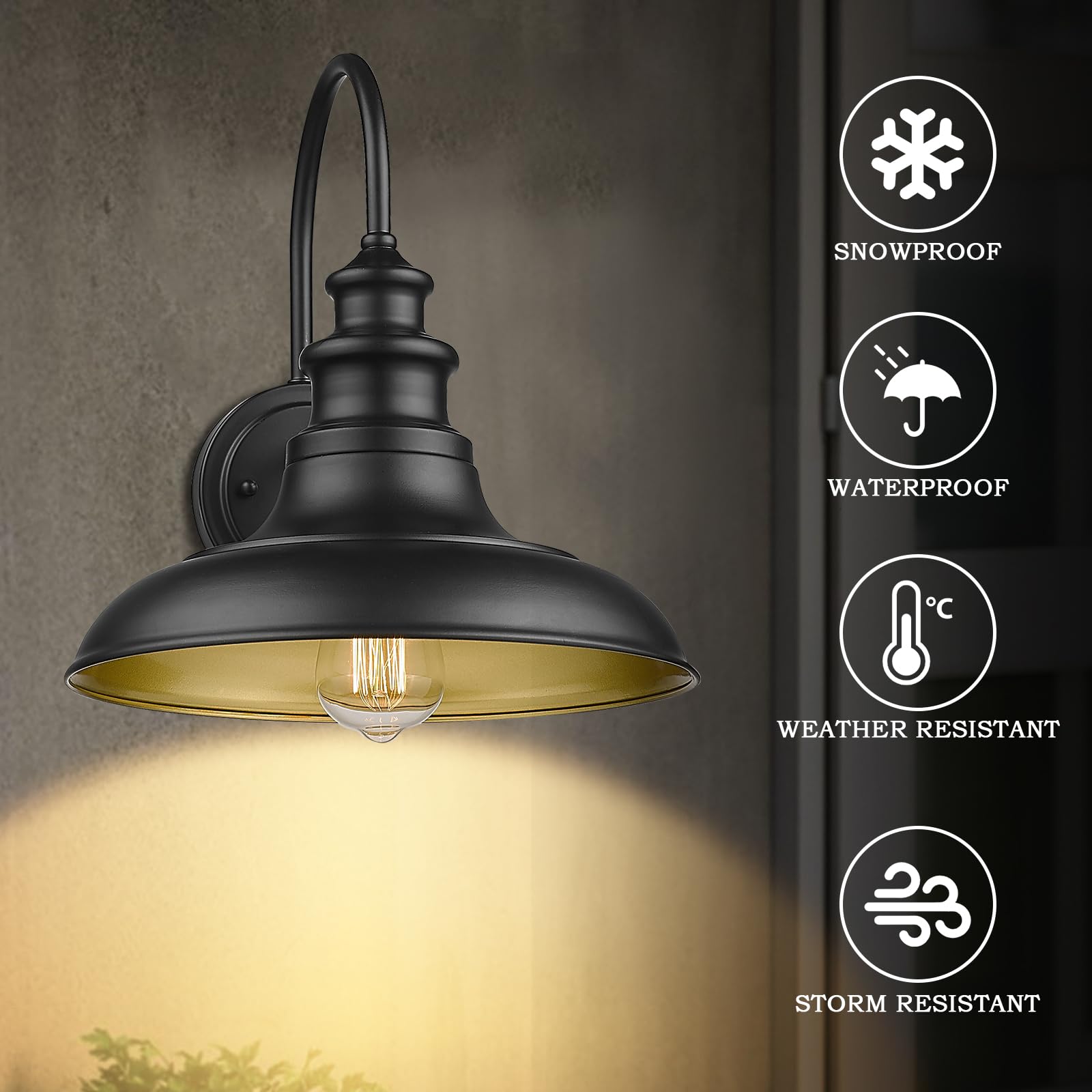 Diyel Outdoor Barn Light Fixture Farmhouse Wall Mount Light Gooseneck Wall Sconce Exterior Wall Lighting Fixture Industrial Black Finish Lantern For Porch With Gold Interior  4Pack  Rz004-4Pack Bk