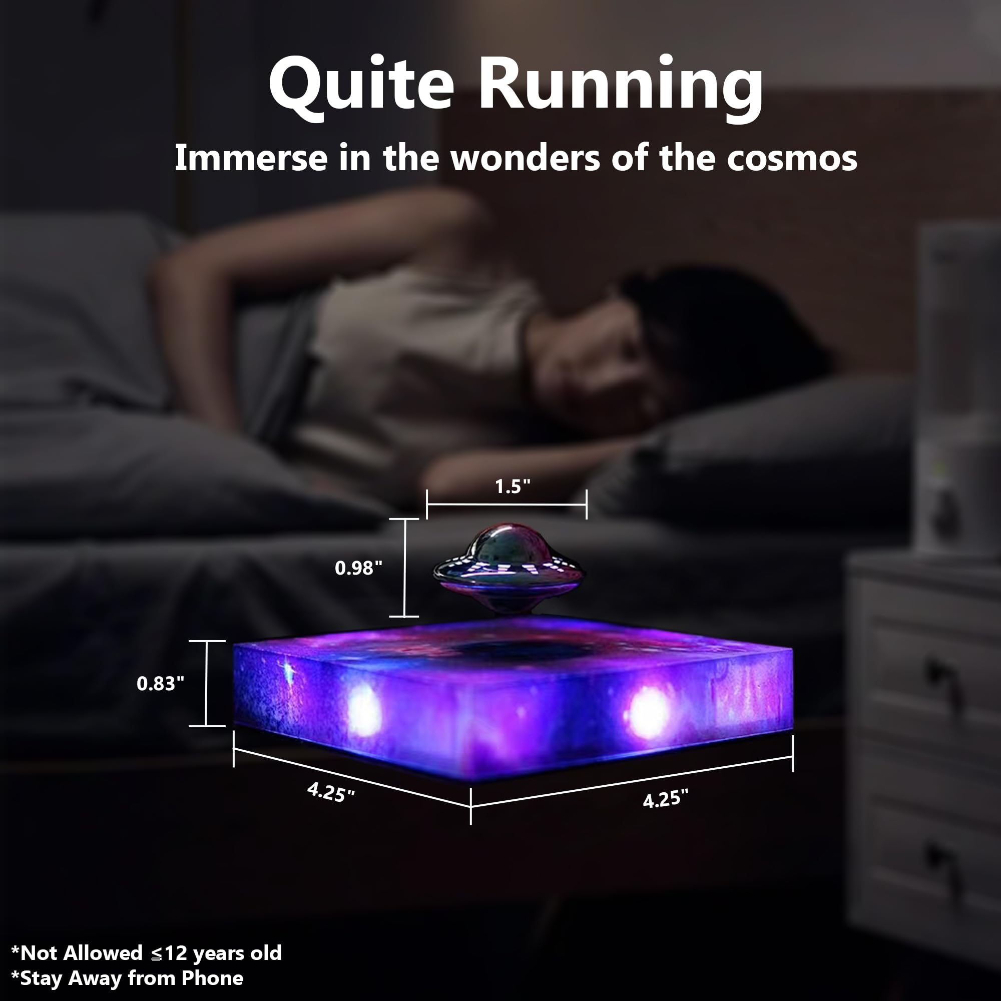 INOVAXION Levitating UFO Lamp - Magnetic Floating Decor, RGB Galaxy Base, Touch Control, Purple, Model SIM75-UFO