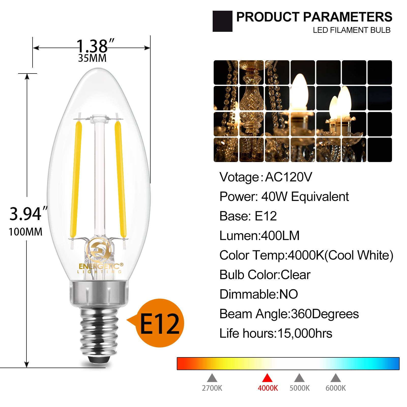 Energetic E12 Led Classic Candelabra Clear Light Bulb, 4W, Equivalent 40W, 400 Lumens, Cool White 4000K, Filament Clear Glass Ca