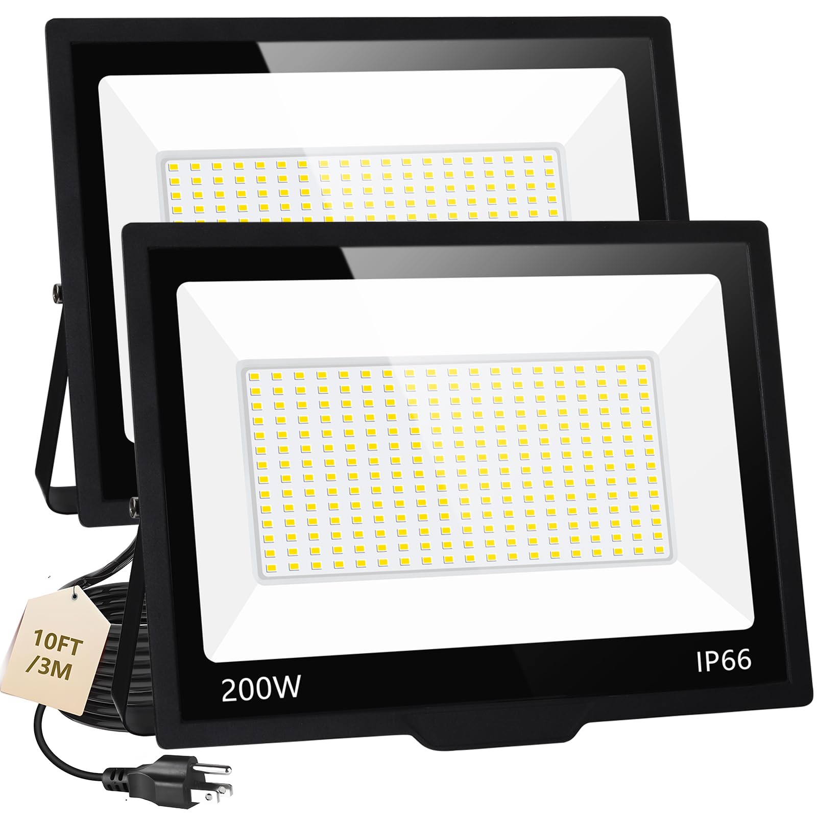 SHGPODA 2 Pack 200W LED Flood Lights Outdoor, 24000LM Brighter Security Lights with Plug+10ft Cord, IP66 Waterproof Lights, 5000