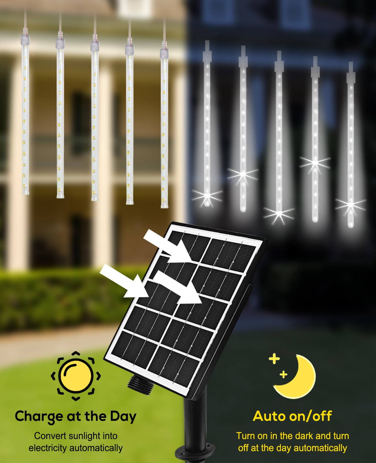 Meteor Shower Lights Outdoor Solar Meteor Light Falling Rain Lights 16 Tubes 16 Inch 576Led Cascading Snowfall Christmas Light For Holiday Wedding New Year Party Yard House Roof Tree Mall Decoration