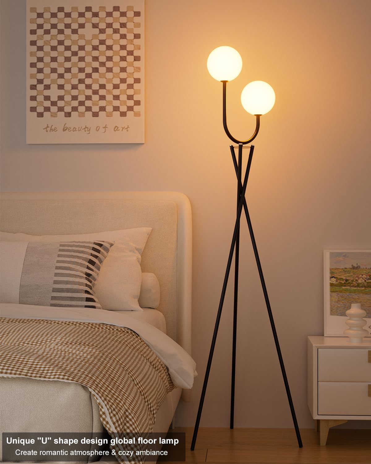 Lightdot Dimmable Black Tripod Floor Lamp, 3 Globe 3000K Bulbs, Modern Mid Century Design