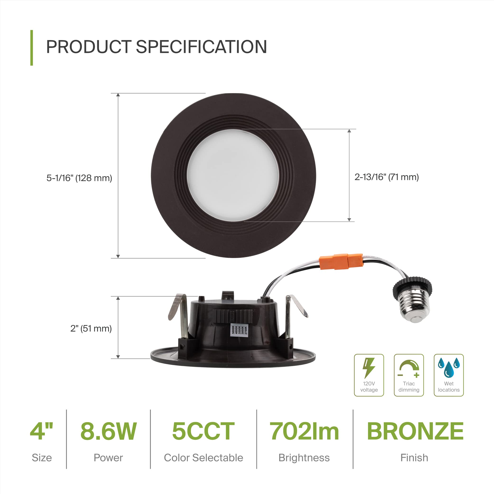ASD LED Recessed Lighting 4 Inch 9W 700 Lm Dimmable Wet Rated Adjustable 2700K-5000K Oil-Rubbed Bronze Model A-LRKR