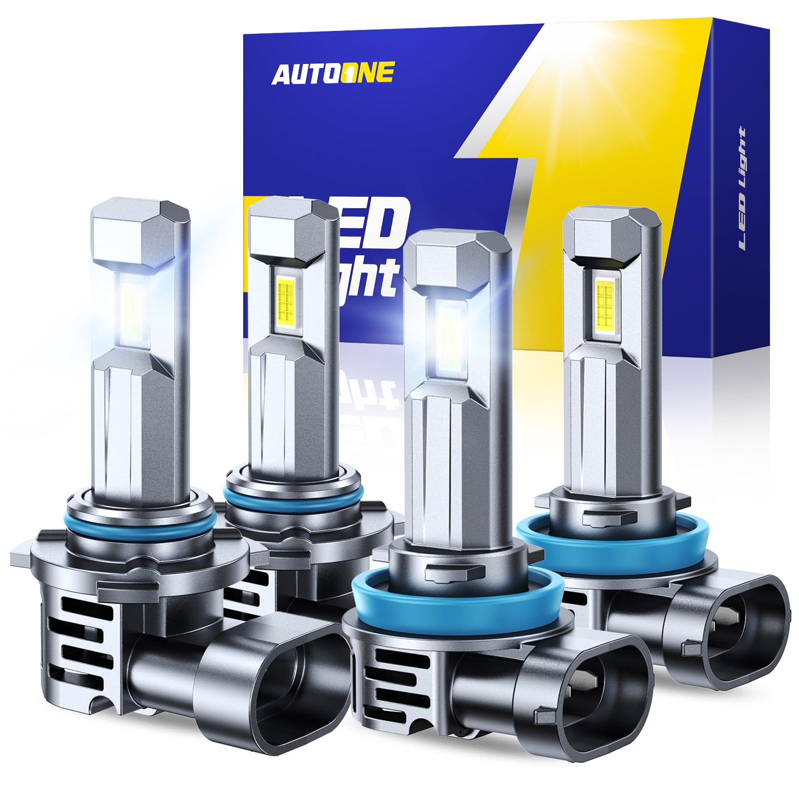 AUTOONE H11 9005 LED Bulb Combo, 70000LM, Mini Size, IP68, Pack of 4, 9005/HB3 + H11/H8/H9