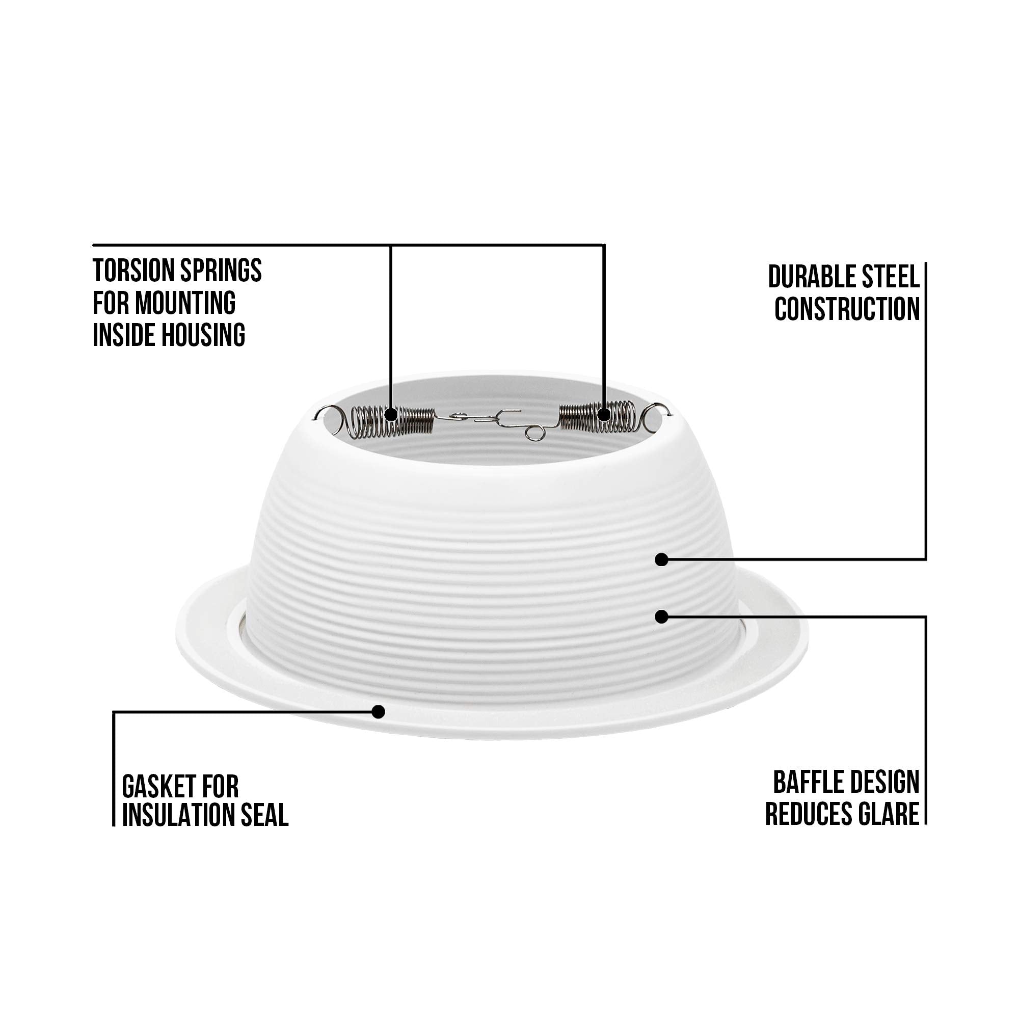 PROCURU 6in Metal Recessed Can Light Trim Cover, Step Baffle, White, 12-Pack, Model PCB630W-12