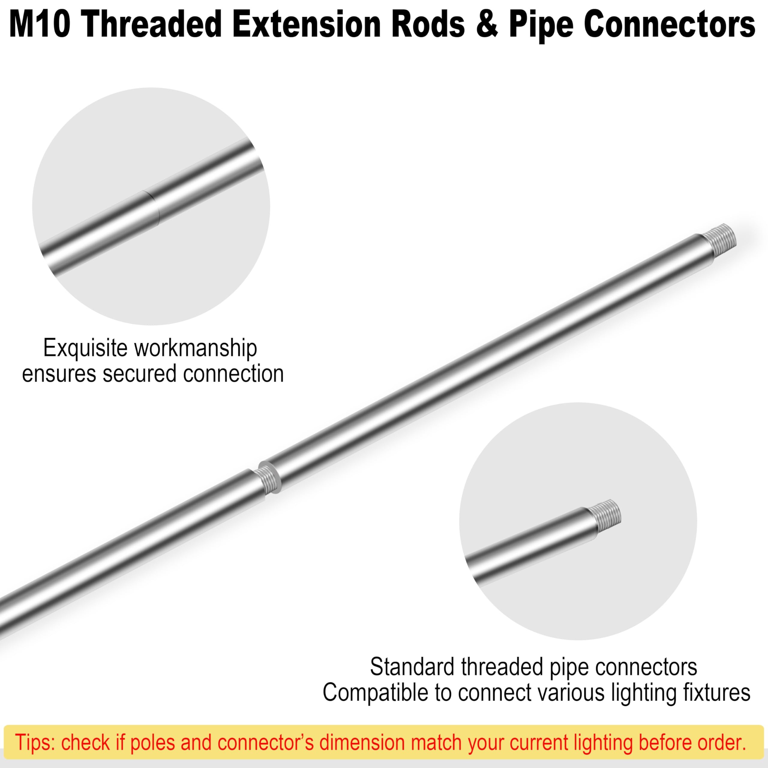 8 Pieces M10 Threaded Extension Poles Lighting Fixture Downrods Stems & 180 Degrees Sloped Ceiling Adapter Kits For Pendant Light  Island Lighting  Chandeliers (Chrome)