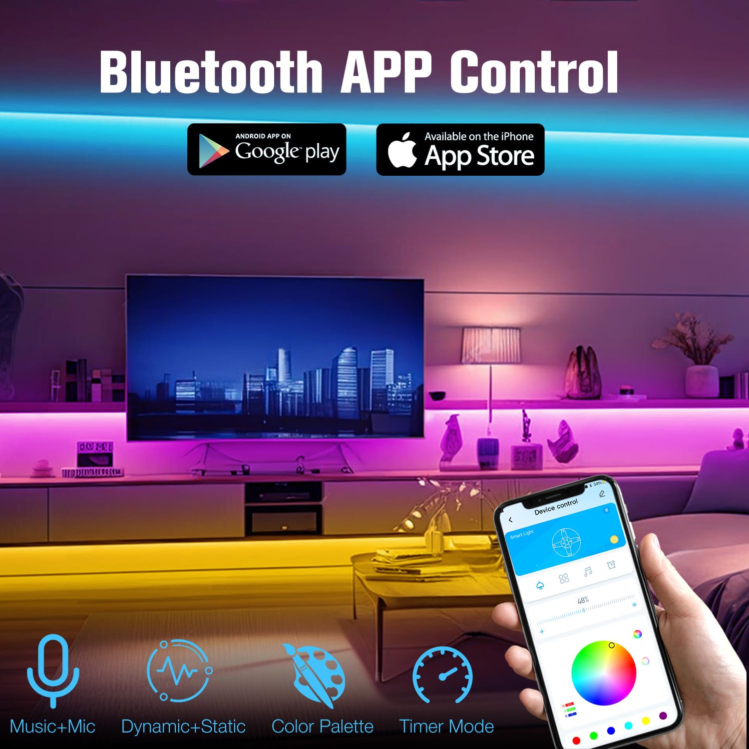 dalattin LED Strip Lights, 110FT RGB Color Changing, App & Remote Control, Vinyl, Multicolor, Model TCF0213344R-JA02