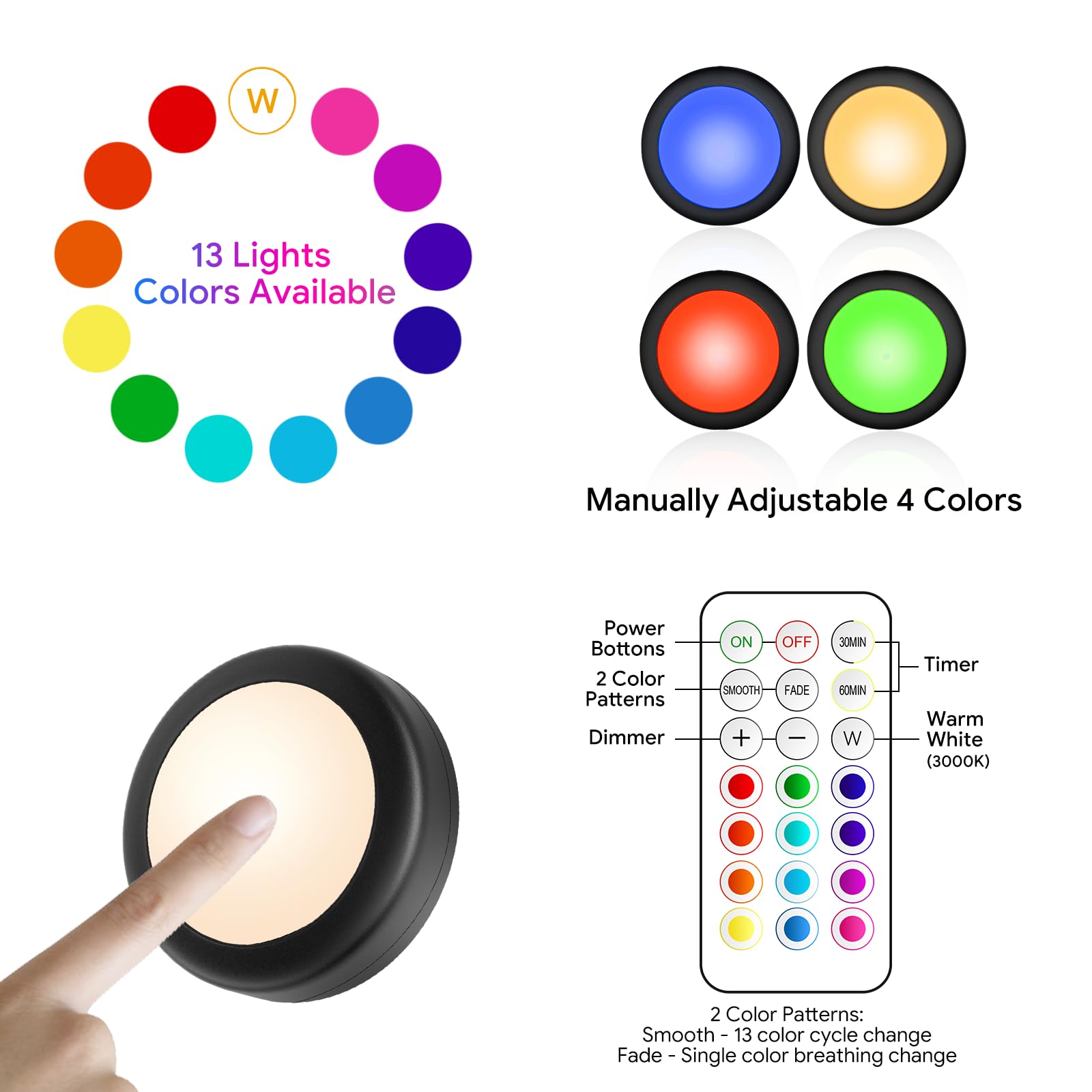 Yiliaw Led Puck Lights With Remote Control, Aa Battery Operated, 12 Colors, Under Cabinet & Counter Lights - 9 Pack, Black