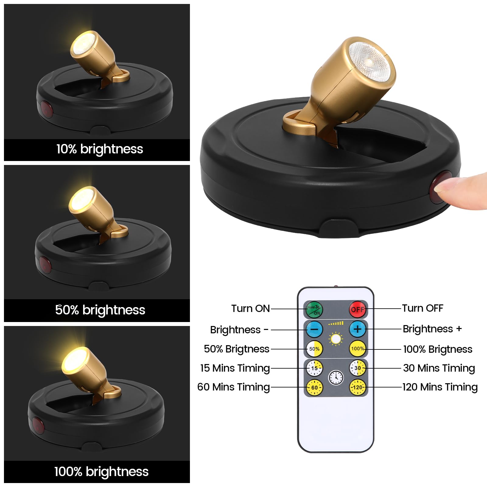 Wireless Spotlight Battery Operated, Led Picture Light, Accent Spot Light For Indoor Plant Tree, Puck Lights With Remote And Timer, Stick Display Uplighting For Painting Dartboard Wall Decor Art Photo