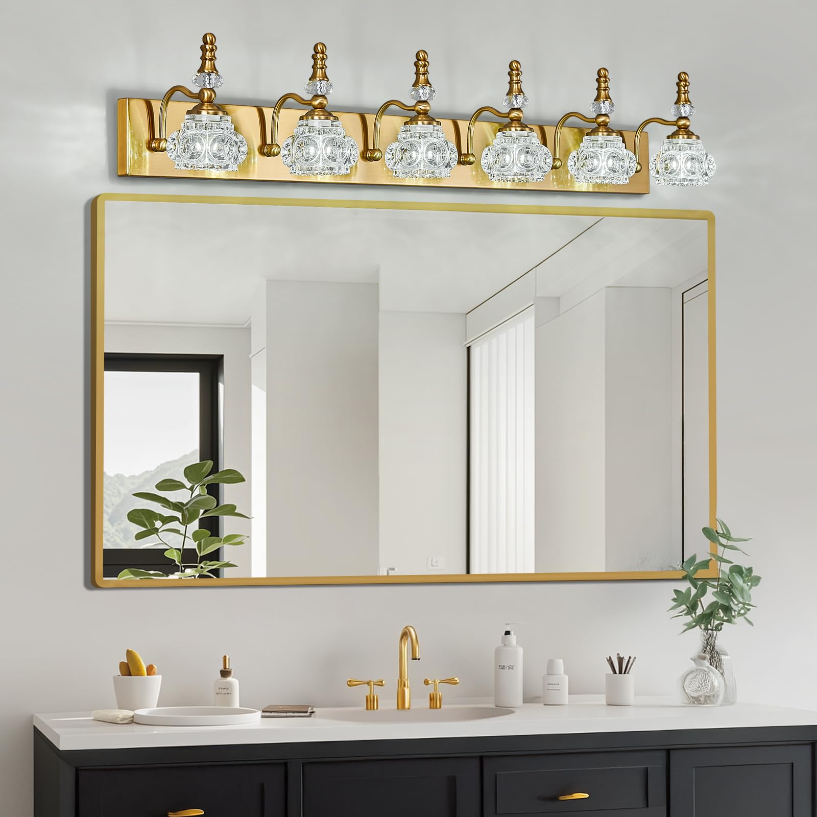 Lbsqj Modern Glass Crystal Vanity Light - Vintage Bathroom Lighting Fixtures Over Mirror 6 Light Vanity Lights G9 Bulb (43.3 Inch  Gold)