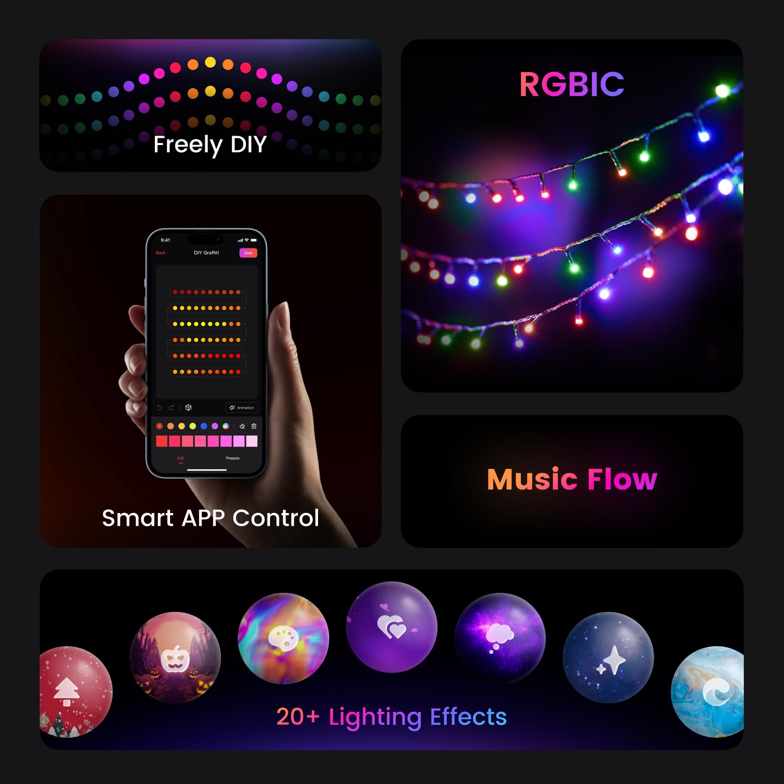 YEELIGHT Christmas Tree RGBIC light strip, 66 Ft w/ 200 LEDs, 20+ Preset Lighting Effects, Music Flow, App Control, Bluetooth Co