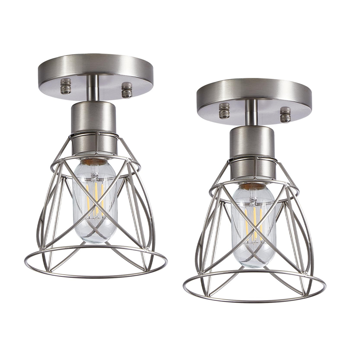 1 Light Semi Flush Mount Ceiling Light, Modern Brushed Nickel Ceiling Light Fixtures with Metal Cage, Industrial Rustic Vintage 