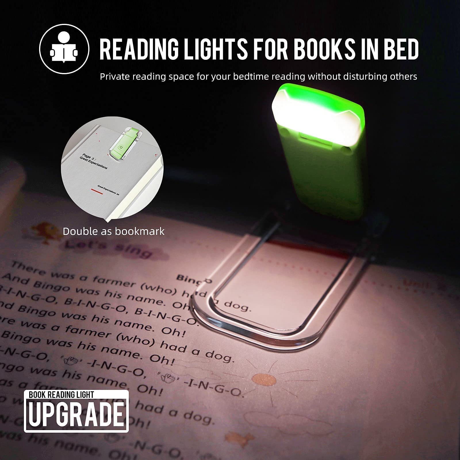 EGWASER Portable USB Rechargeable LED Book Reading Light - 3 Adjustable Brightness Levels, Eye-Protective, Green