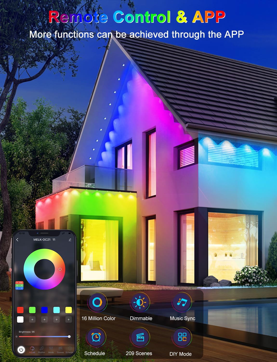 CCILAND 100ft RGB Smart Outdoor Lights, IP67 Waterproof, 60 LED, Model HCP045, Control via App/Remote, 209 Scene Modes