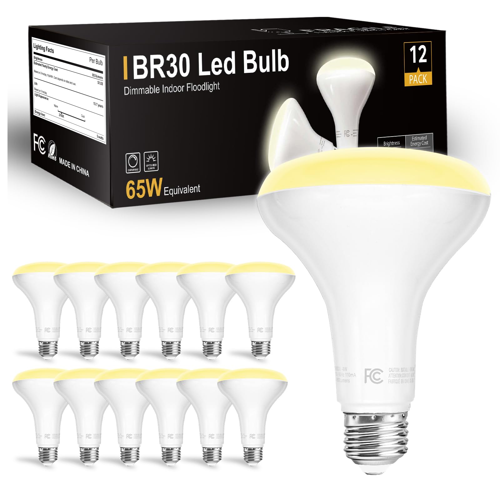 Dalattin 12 Pack Br30 Led Bulbs 65W Equivalent, Dimmable Indoor Flood Lights 2700K Soft White, 9W, 800 Lumens, E26 Base, Led Rec