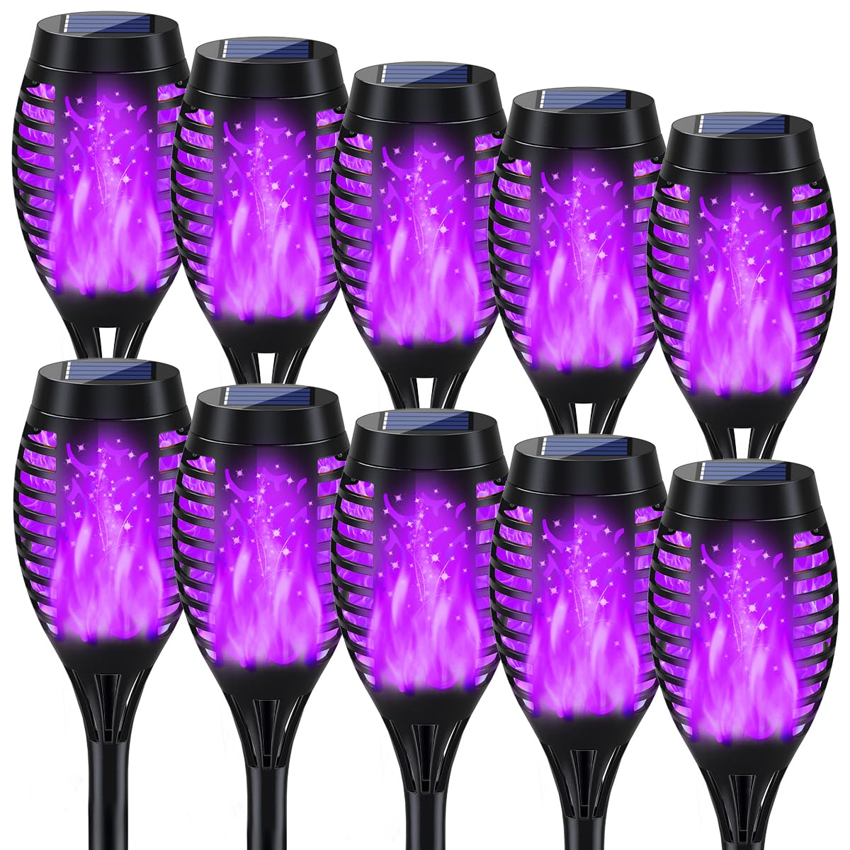 MIUSIKIT Solar Torch Lights - 10Pack Purple Flickering Flame Outdoor Decorations, Waterproof Plastic for Yard, Garden, Patio, Lawn