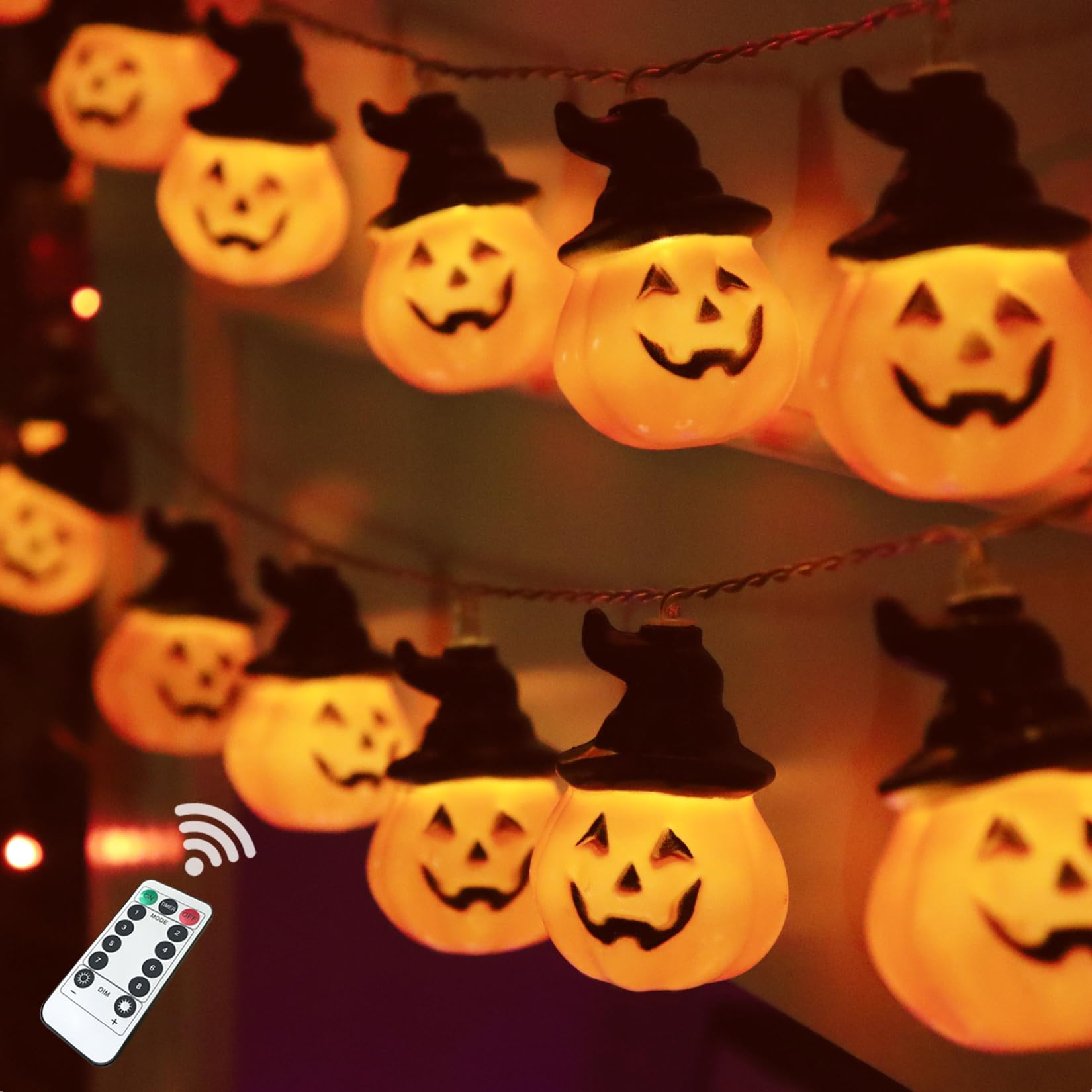 Runleo Halloween Pumpkin String Lights With Witch Hat, 20 Led 16.4Ft 8 Modes Timer 3D Waterproof Orange Jack-O-Lantern Battery Operated Flickering Lights For Indoor Outdoor Decor Party Decorations