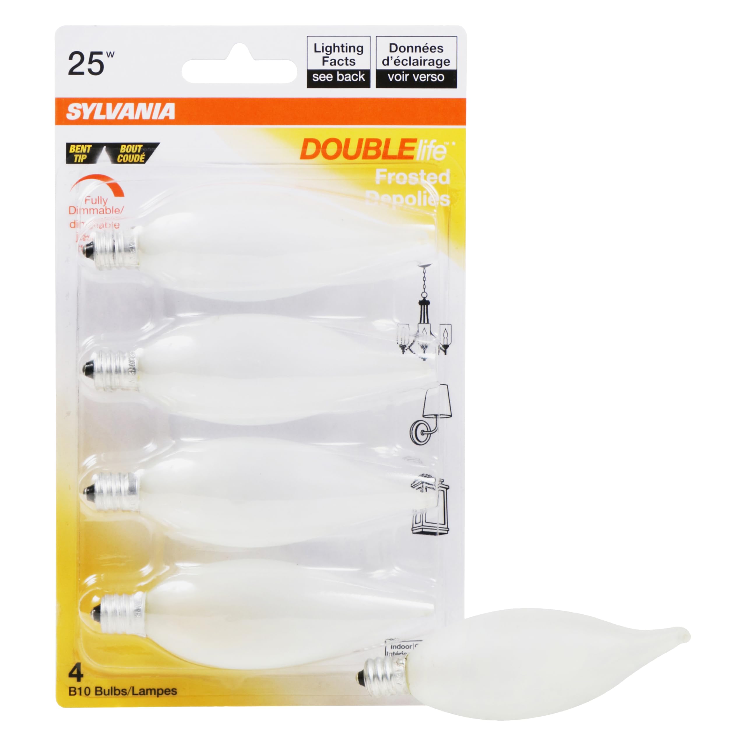 Sylvania Double Life 25 Watt Chandelier Light Bulbs 4 Pack - Incandescent Candelabra Light Bulbs, Dimmable B10 Bent Tip E12 Type