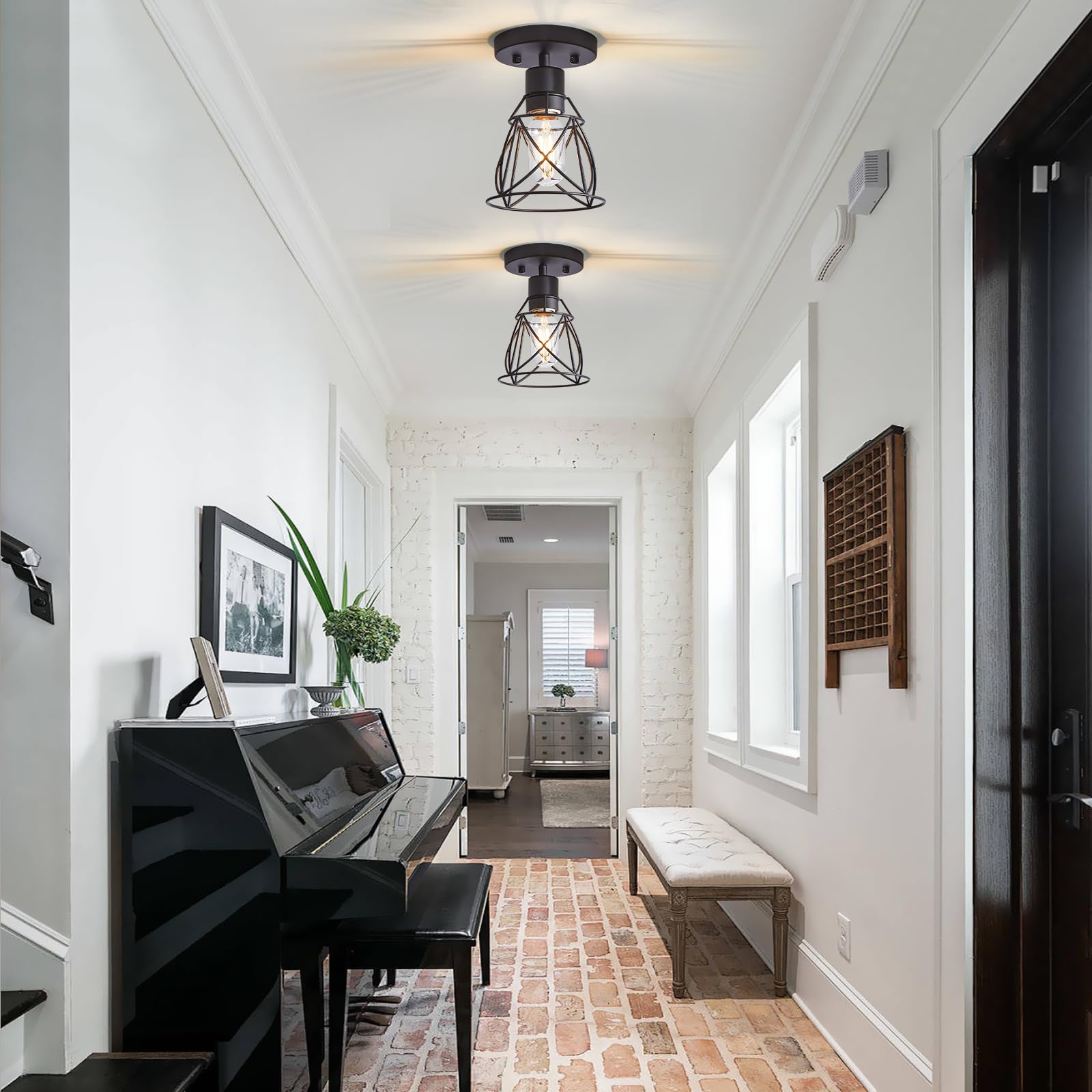 Hdasic 1 Light Semi Flush Mount Ceiling Light, Rustic Farmhouse Matte Black Kitchen Lighting Fixtures Ceiling With Metal Cage Sh