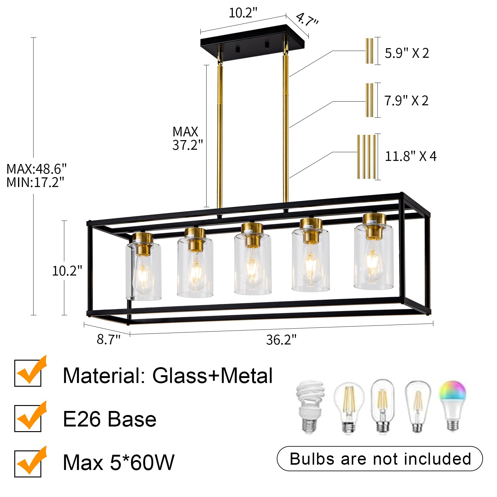 Hccz 5-Light Modern Farmhouse Chandelier, Black & Brushed Brass, Glass Shade, Kitchen Lighting