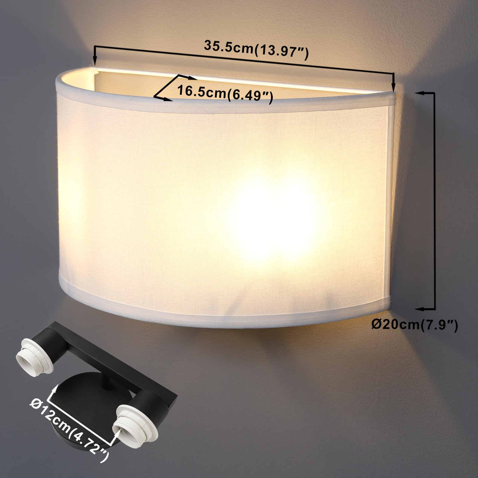 Yosoan Fabric Wall Sconce - 2-Light Vintage Industrial Hardwired Fixture, Large White Shade for Bedroom, Living Room, Corridor, Study