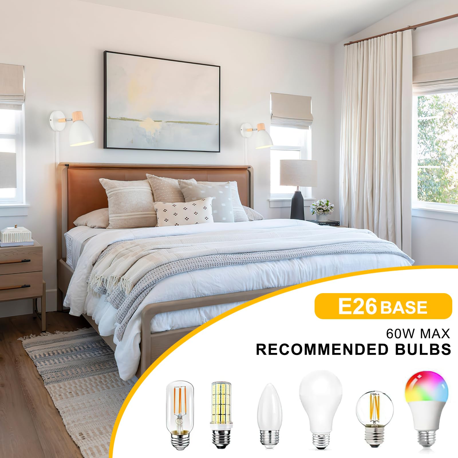 Eyooer Wall Sconces Plug In, Swing Arm Wall Lamp With Power Cord, White Plug In Wall Lighting Fixtures Set Of Two, Bedside Wall Mounted Reading Lamp With Switch, For Bedside Bedroom Hallway