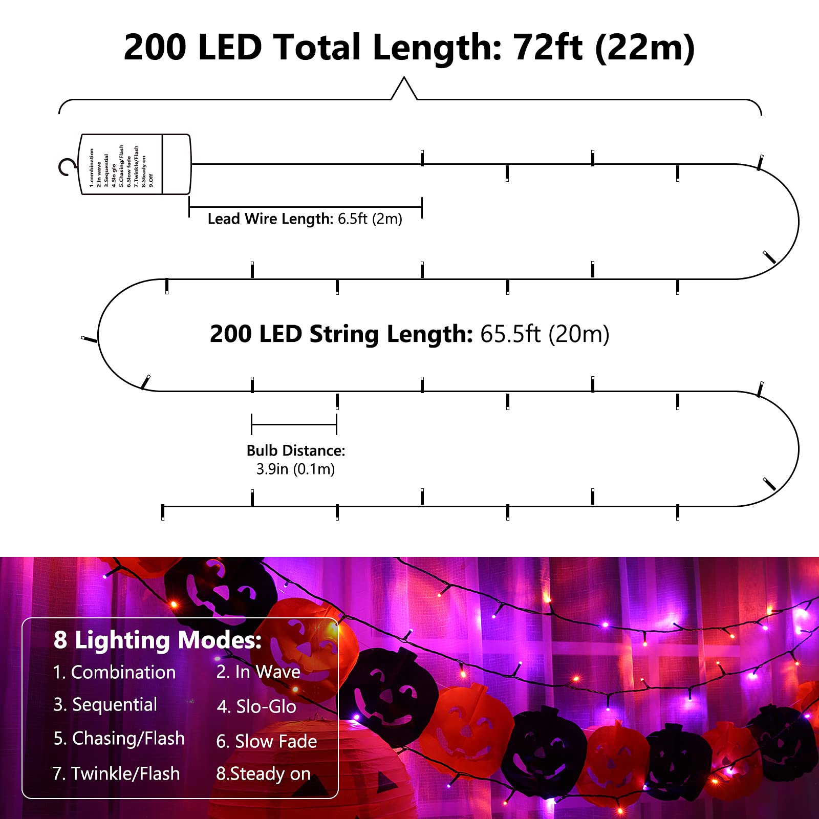 Flacchi Battery Operated String Lights, 67 ft, 200 LED, Waterproof, 8 Modes, Orange Purple, Halloween Decorations