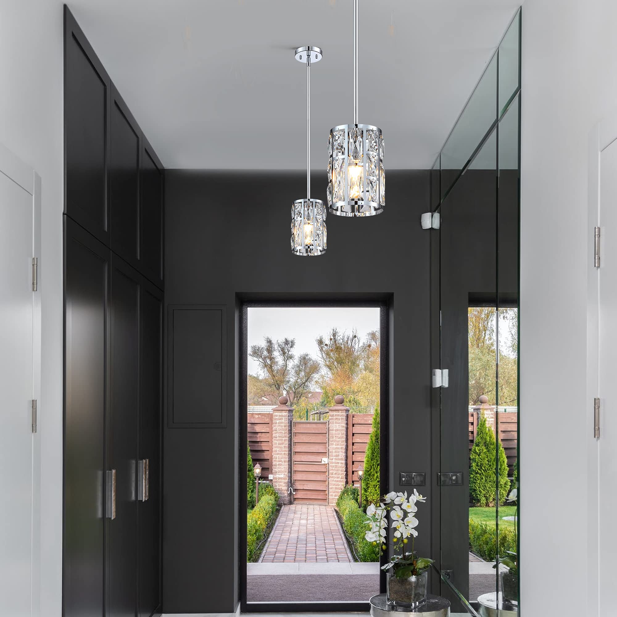MEXO Modern Crystal Pendant Light Fixture, Chrome, Small Metal Chandelier for Kitchen, Dining, Living Room, Porch, Bedroom