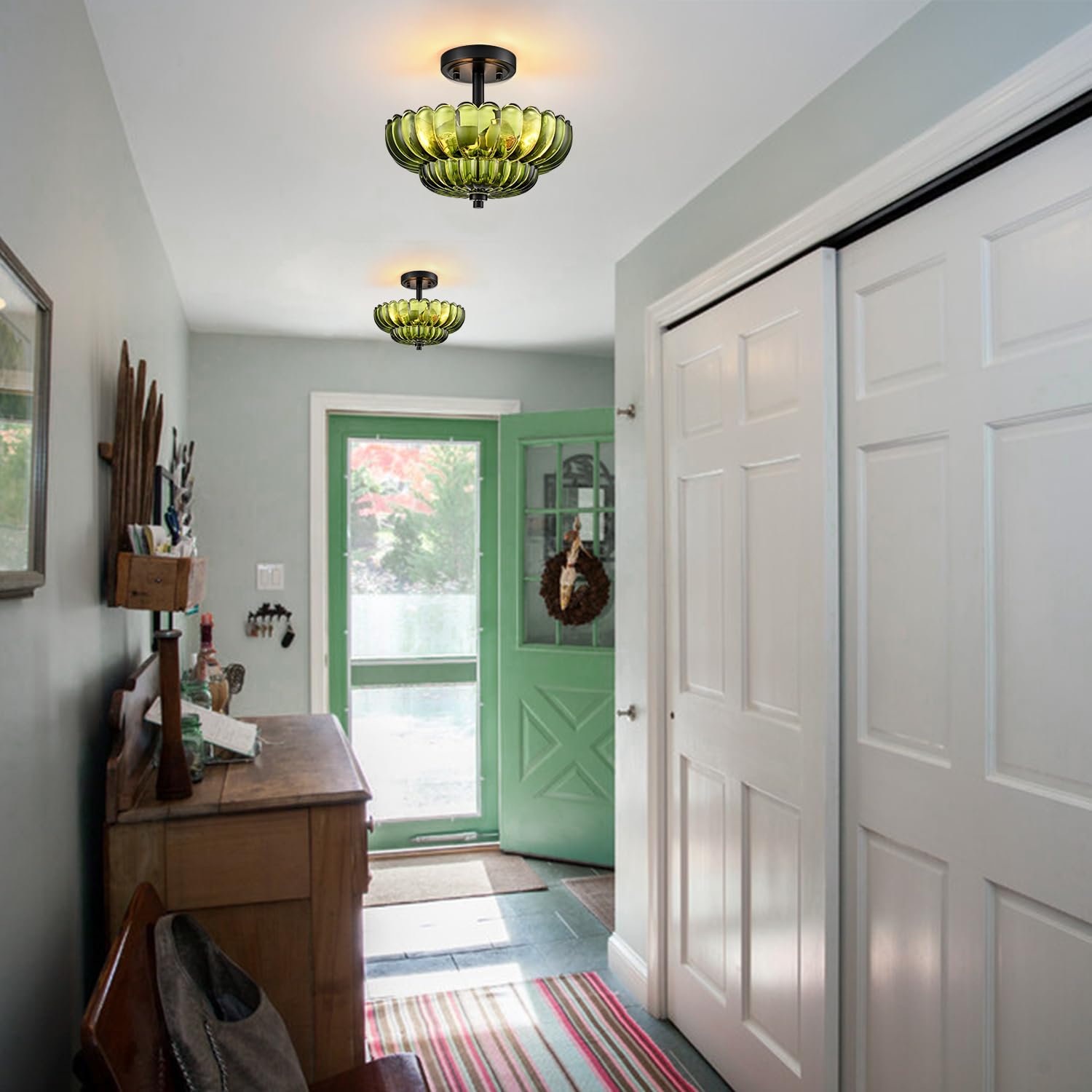 Semi Flush Mount Ceiling Light Fixture  Green Glass 3-Light Modern Vintage Ceiling Lights  Scalloped Close To Ceiling Light  Black Base Flush Mount Ceiling Light For Hallway Bedroom Entryway Kitchen