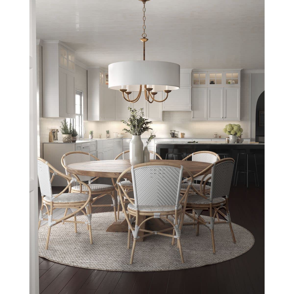 Progress Lighting Drum Shade Collection 5-Light White Fabric Shade New Traditional Chandelier Light Brushed Bronze