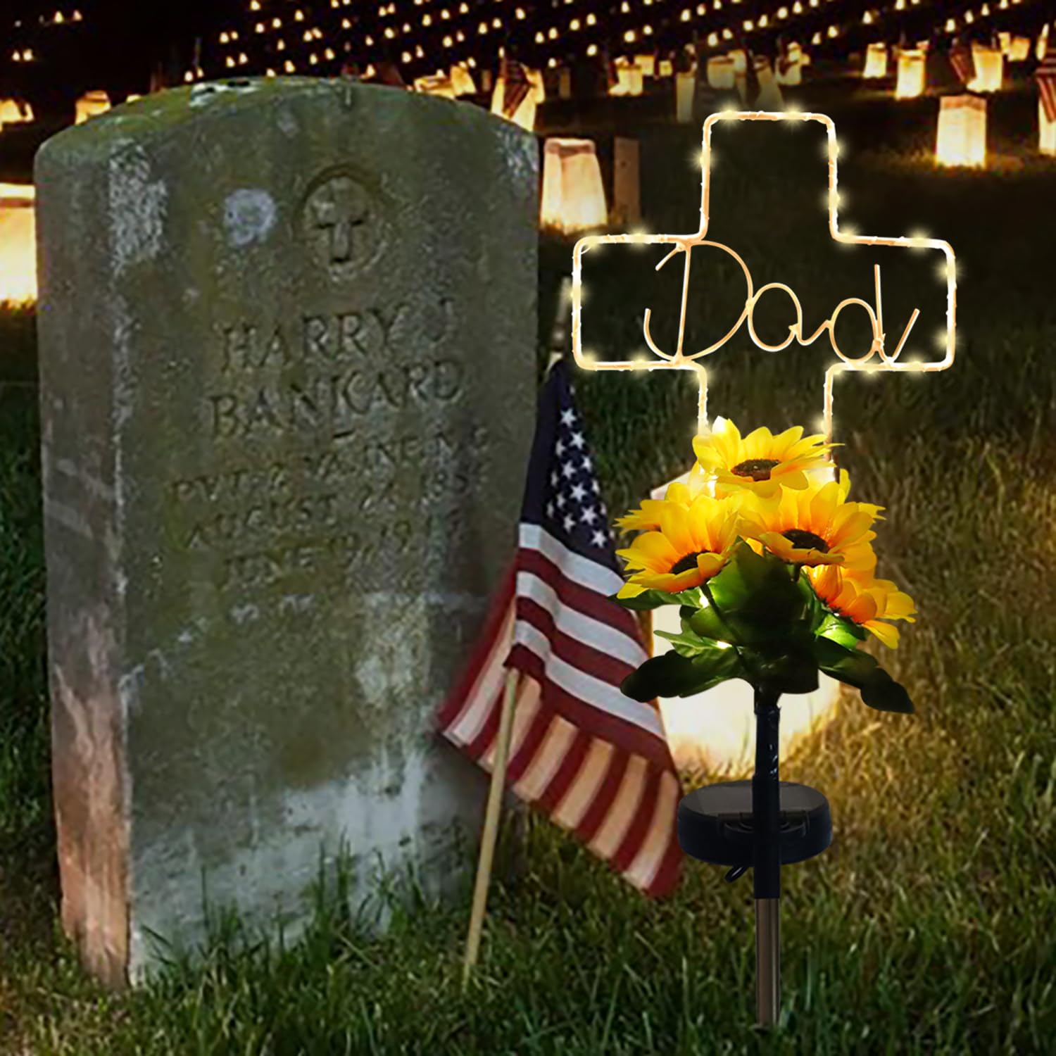 Lmtocs Solar Cross Grave Lights - Waterproof Sunflower Design For Cemetery, 2 Modes, Memorial Decor For Dad