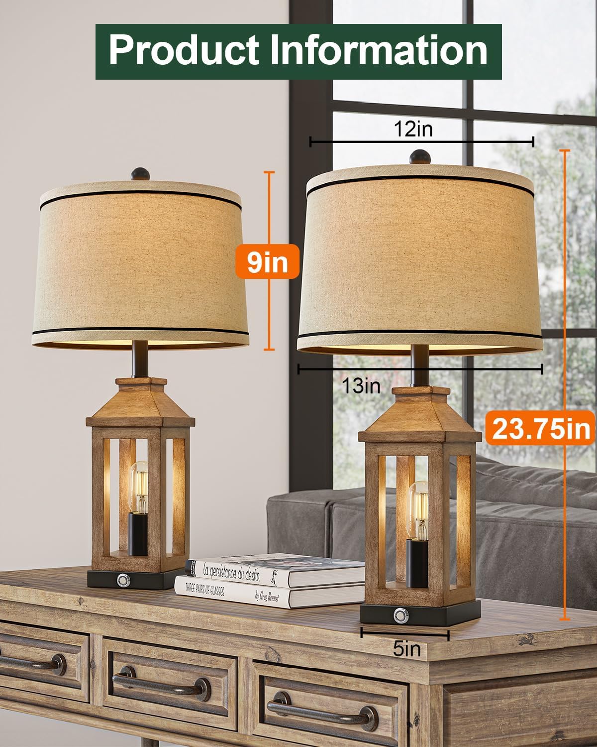 G-SAFAVA Farmhouse Touch Control Table Lamp Set of 2 with USB Ports - 3-Way Dimmable, Vintage Modern Design, Wood Finish