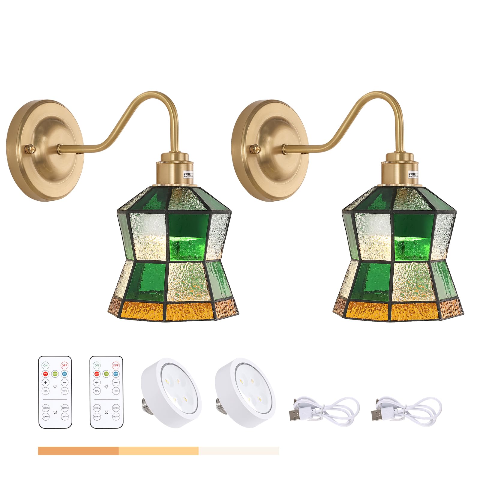 Shenmoyl Vintage Battery Operated Wall Sconce Set Of 2 With Remote, Rechargeable Wall Lamp 3 Colors Dimmable, Brass Lights Fixture For Bedroom Bathroom Living Room Hallway Polygonal Checker