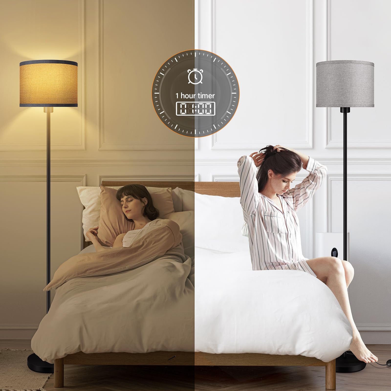 Bricosmocon Floor Lamp, Stepless Dimmable 10W/1200LM, 2700K-6500K Adjustable, Gray Linen, Model B1183